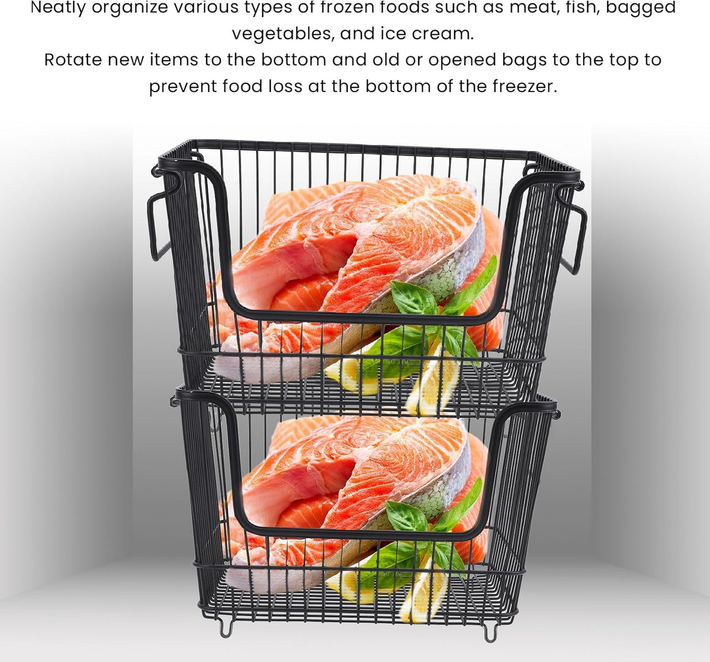 Tyenaza Freezer Organizer Bin Keep Tidy Metal Stackable Fruits Meat Wire Basket for Kitchen Home Use L Black