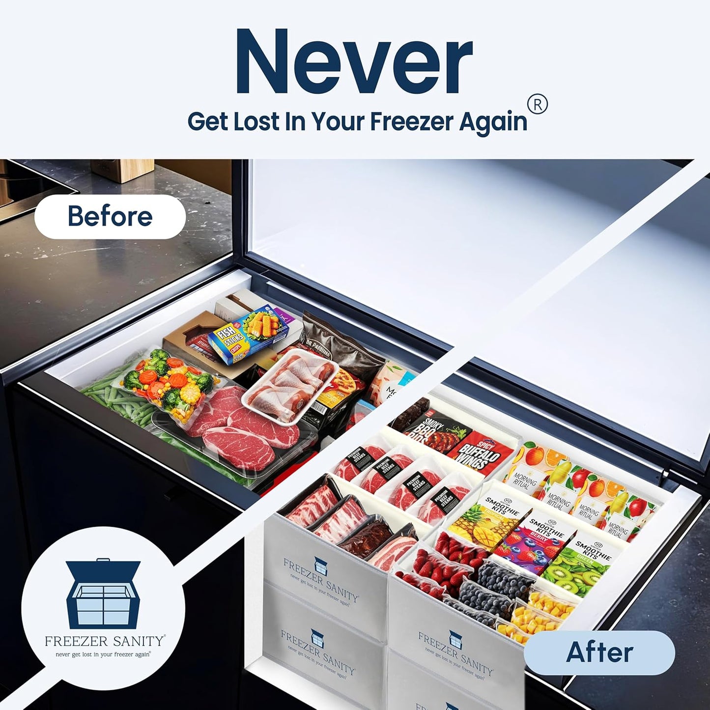 The Original Chest Freezer Organizer Bins, Stackable Storage Organizers, Deep Freezer Dividers, Handles, Heavy-Duty, Waterproof (2 Pack Large 19x14x9)