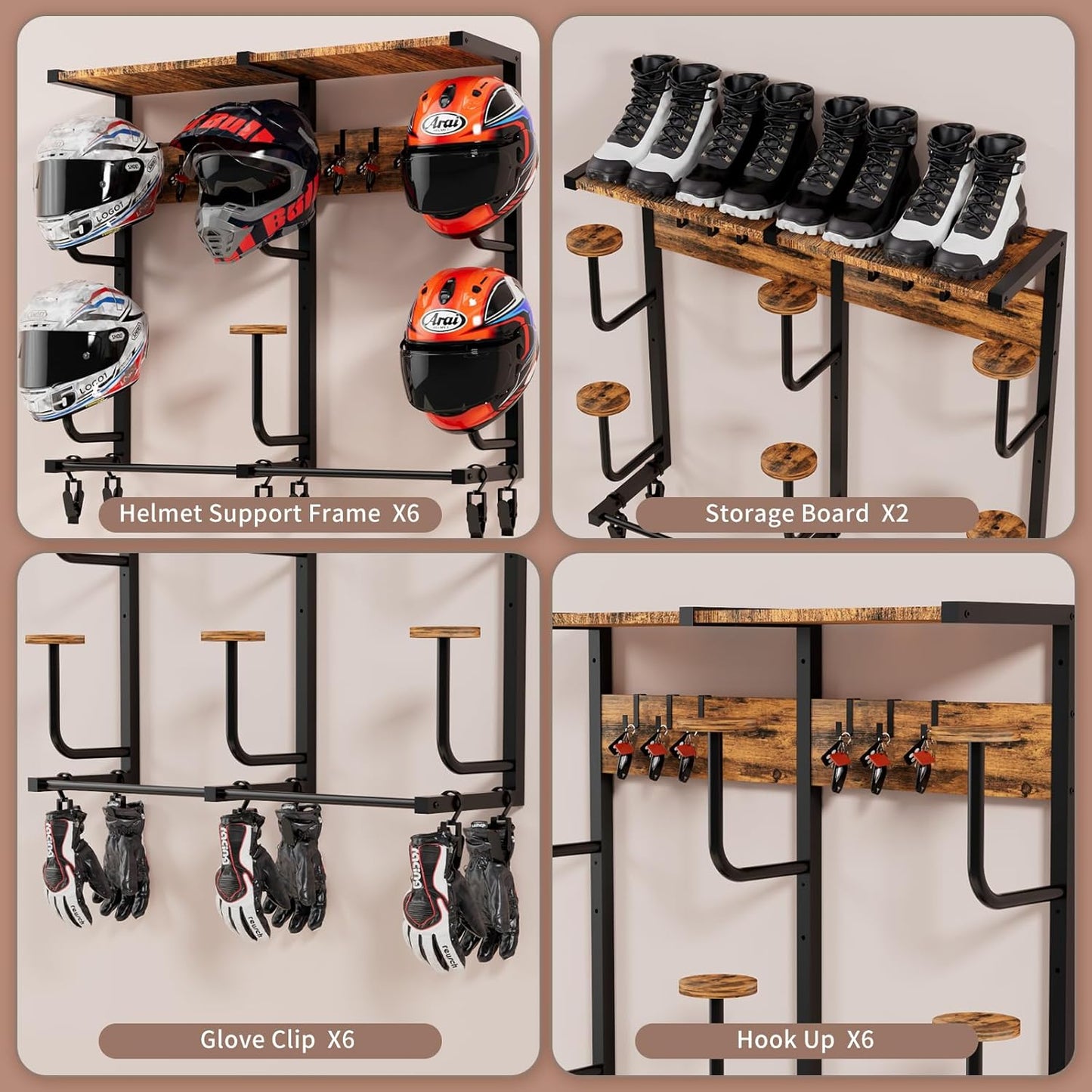 Motorcycle Helmet Rack with 6 J-hooks& 6 Clip Hooks – Wall Mounted Helmet Holder Stand for 6 Helmets, Riding Suits & Accessories, Sturdy Construction Storage Organizer for Entryway or Garage