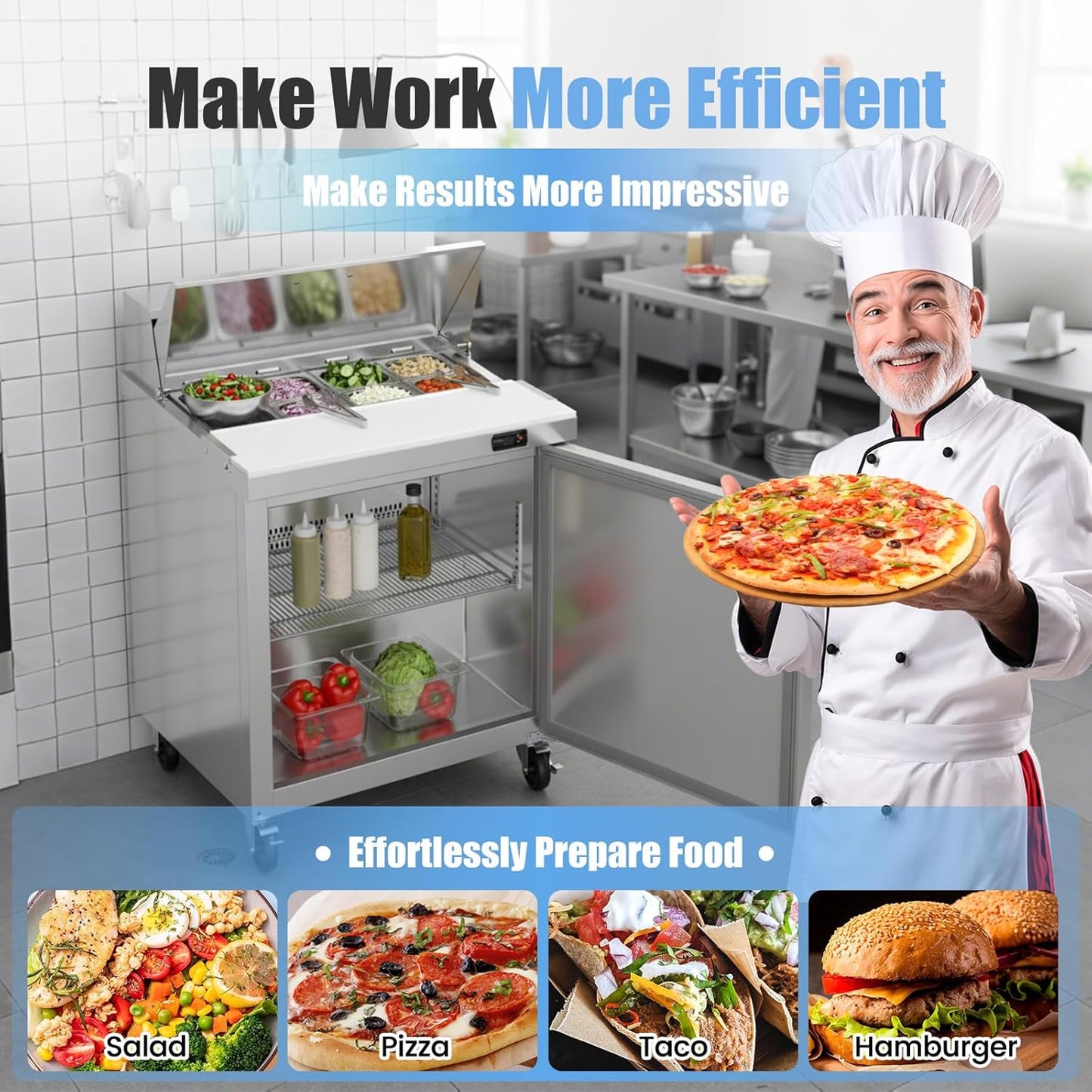 29" W Commercial Refrigerator Sandwich Salad Prep Table, Stainless Steel 1-Door Sandwich Prep Table Refrigerator, Counter Fan Cooling Refrigerator with 8 Pans for Restaurant, Bar