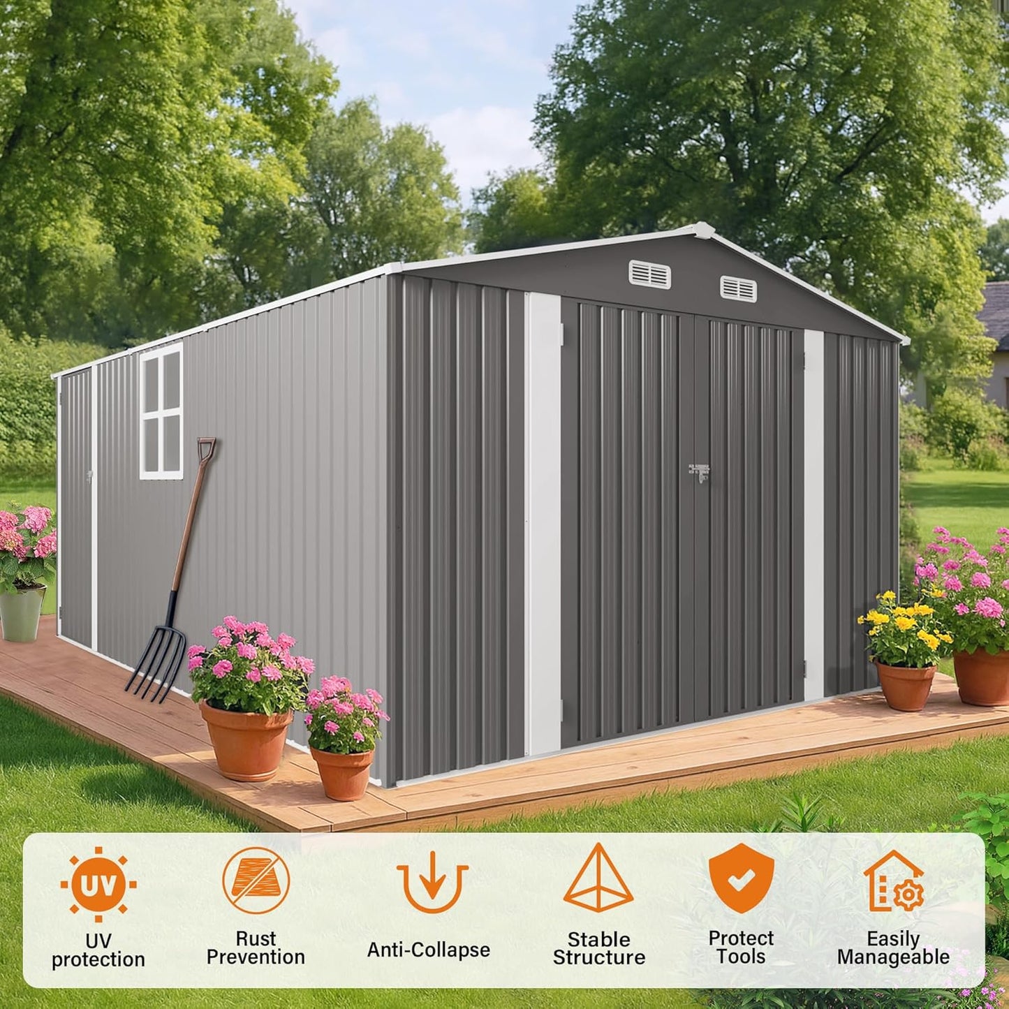 Metal Storage Shed, 10 X 14 FT Lockable Outdoor Tool Shed with Air Vent and Clear Windows, Galvanized Steel Garden Shed for Backyard, Patio, Garden, Bike Storage or Outdoor Use, Grey