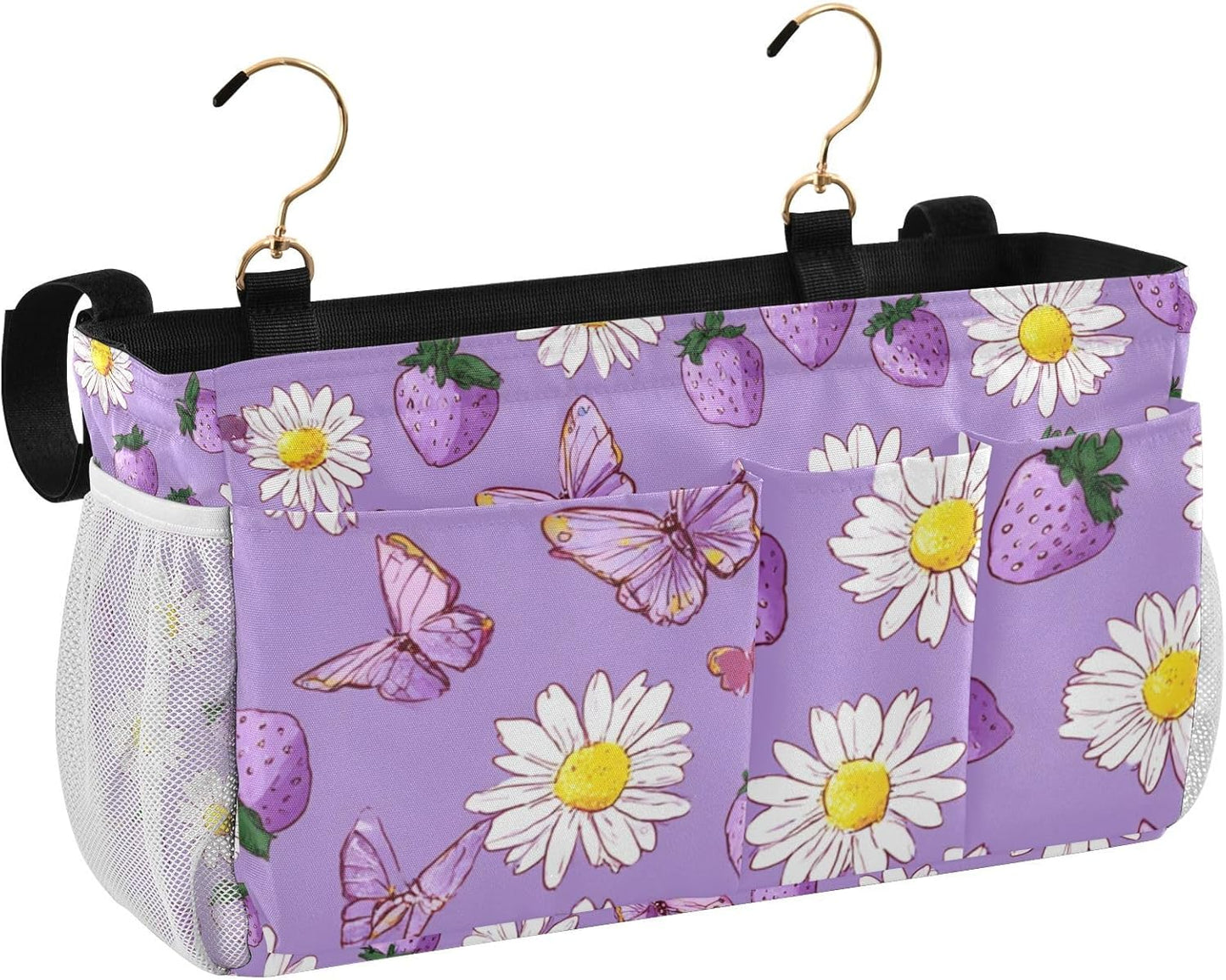 Purple Cute Daisy Butterflies Strawberry Bedside Caddy for Dorm Bed Bedside Hanging Caddy Bag Iron Frame Storage Organizer Pocket for Bunk Home College Hospital Beds 2 Hooks