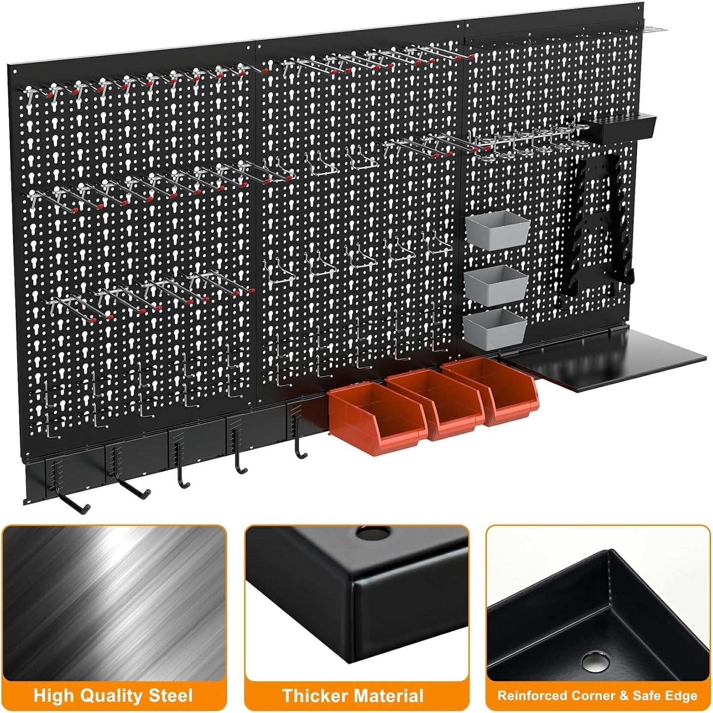 TORACK Metal Pegboard Wall Organizer System for Garage, 109 PCS Pegboard Accessories Tool Organizer Kit with Pegboard Bins, Hooks, Pegboard Tool Storage System for Workbench(Black)