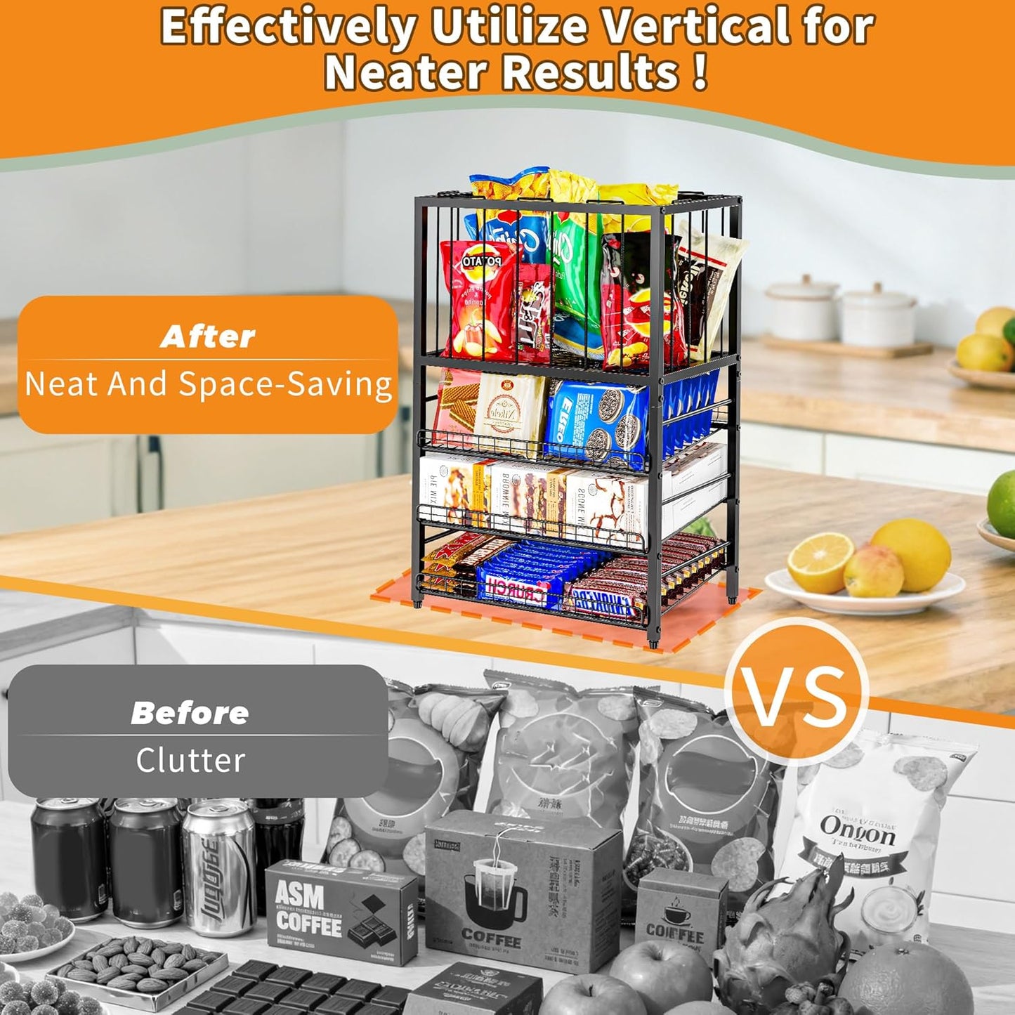 Candy Display Rack, 4 Tier Snack Organizer for Countertop, Potato Chip Bag Holder with Elastic Rope Frame, Snack Bar Station, Retail Display Shelf for Store, Pantry, Office (Black)
