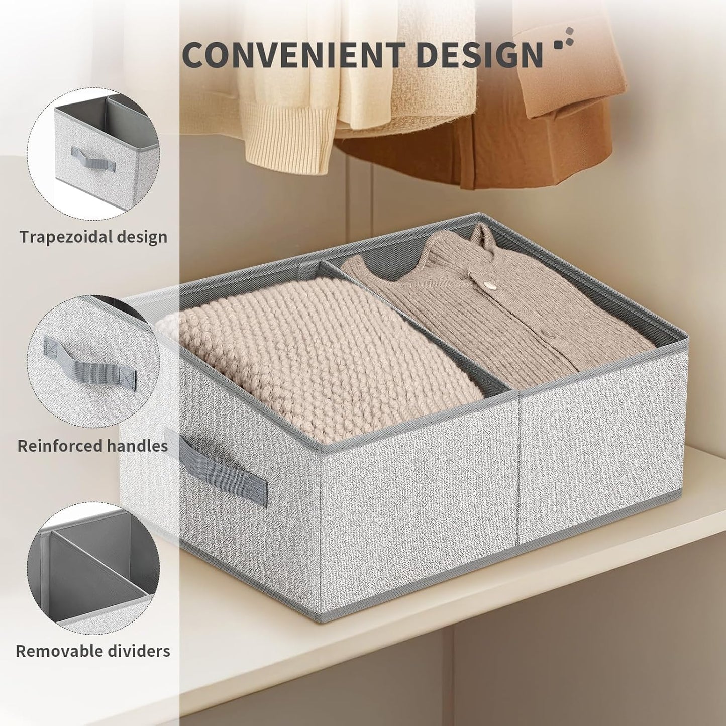 DIMJ Trapezoid Storage Bins for clothes - 4 Packs Closet Organizers and Storage Baskets, Foldable Closet Baskets with Handles and Divider, Closet Storage Bin Toybox for Shelves Living Room Bedroom