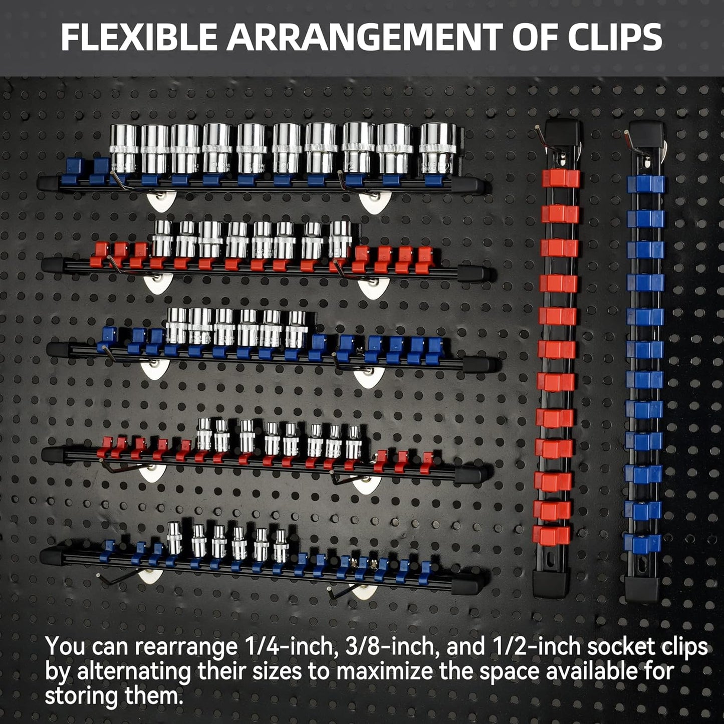 Socket Organizer Drive ABS Tools - Socket Holder, Premium Quality 6 Pieces Socket Holders Kit 1/4-Inch x 32 Clips, 3/8-Inch x 30 Clips, 1/2-Inch x 24 Clips