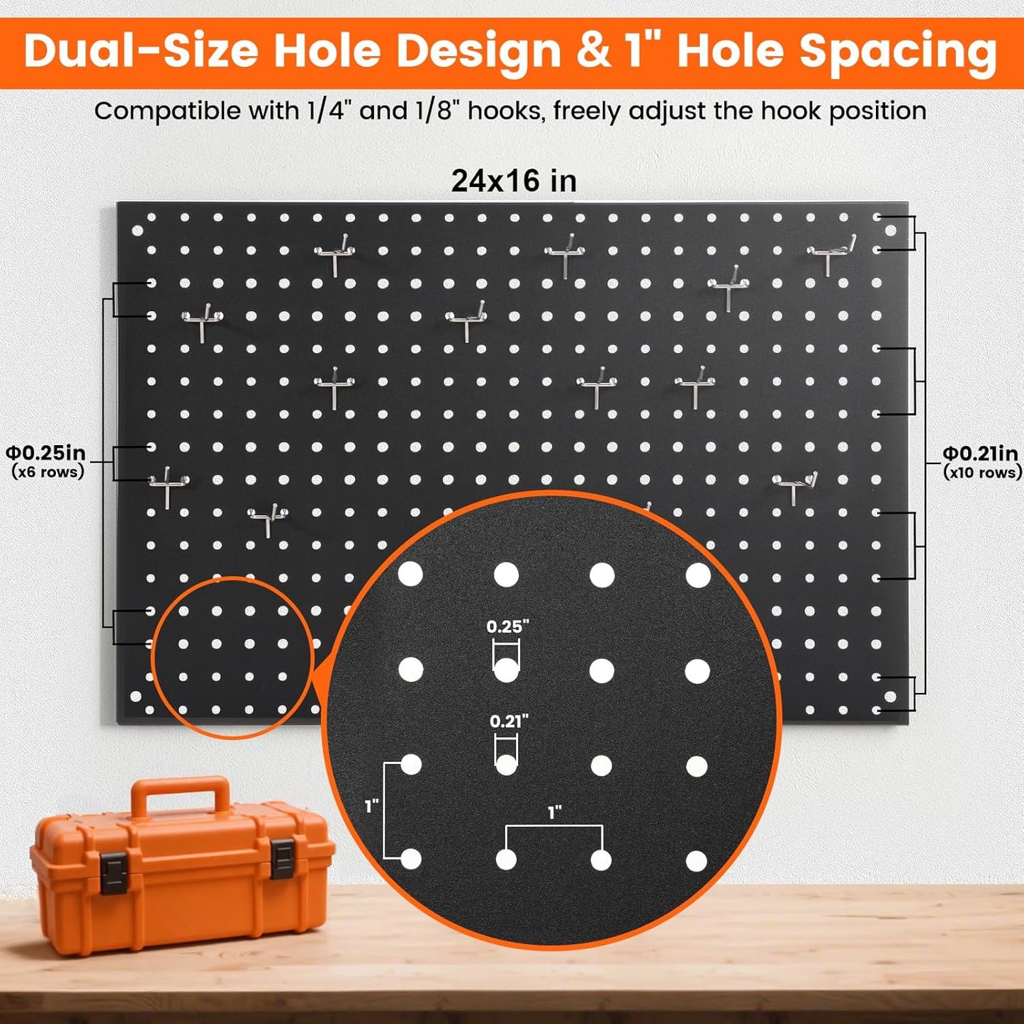 Pegboard, 4 PCS 24"×16" Metal Peg Board Panels Black Modular Wall Organizer Kit with 40 Hooks, Dual-Size Hole Design for Home Tool Storage, Garage Organization, Kitchen, Office, Craft Room