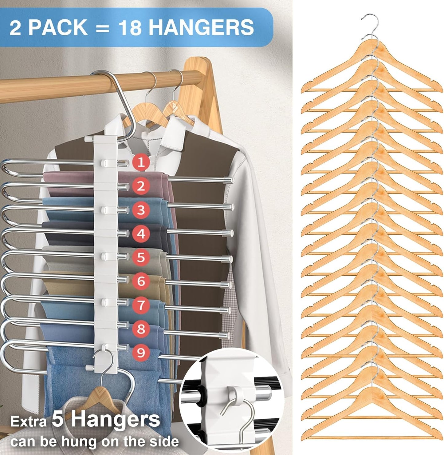 Upgrade Pant Hangers Space Saving, Non Slip Stainless Steel Multifunctional Pants Rack S-Type Clothes Pant Closet Hanger Organizer with Hooks for Pants Jeans Trousers Scarf Skirts (Pure White, 4 Pack)