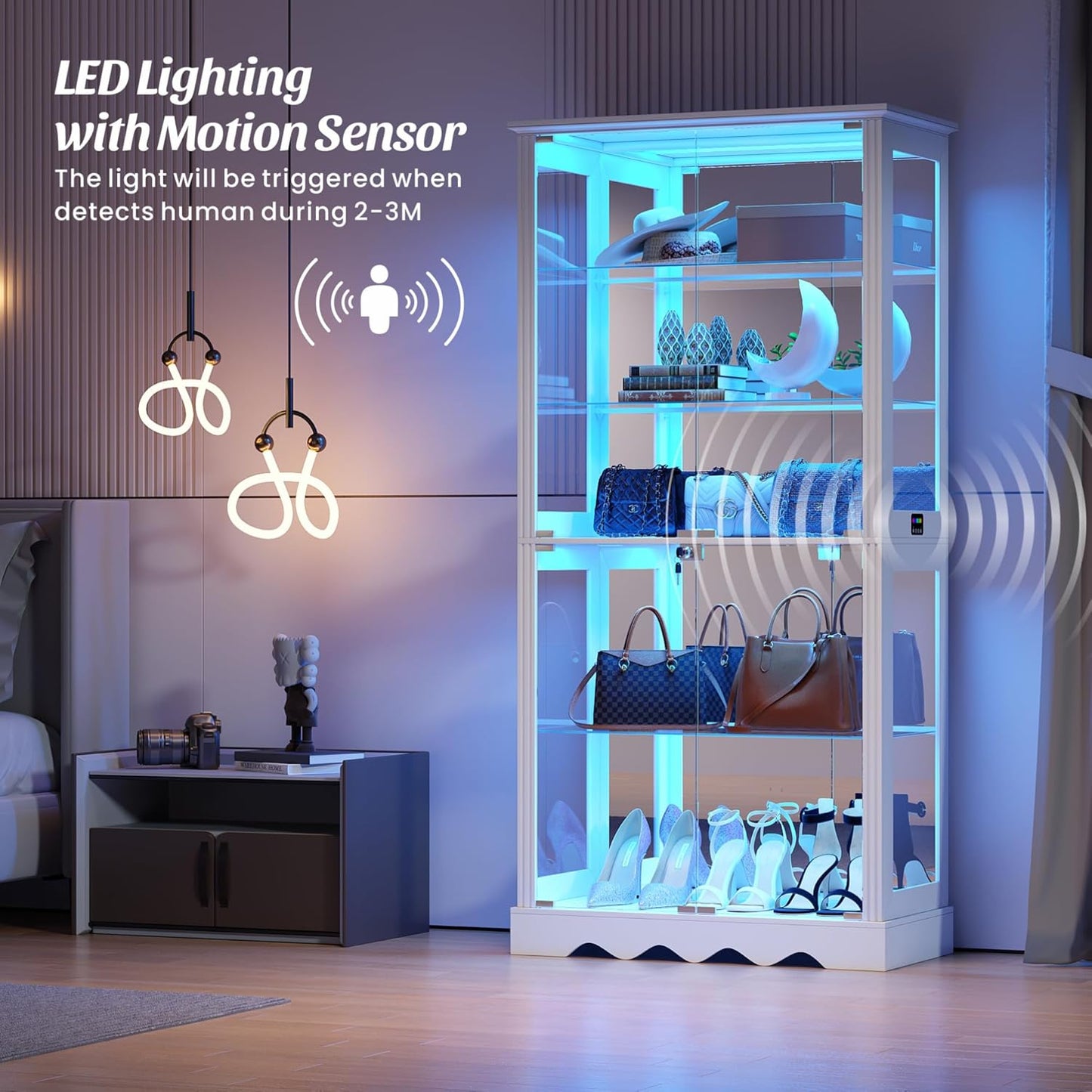Glass Display Cabinet with RGB Light, 5-Tier Curio Cabinet for Collectibles, Display Case with Removable Shelves, Human Sensor Design, White