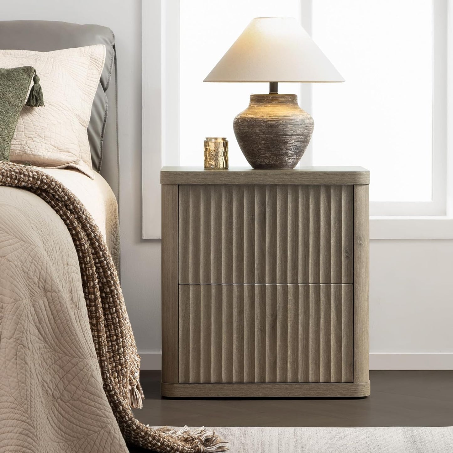 SICOTAS Night Stand Nightstand with 2 Drawers Storage Bedside Table Large Fluted Bed Side End Table Modern 24.4" Tall Wide Night Stands for Bedroom Living Room Sofa Couch Home Office, Grey Alder