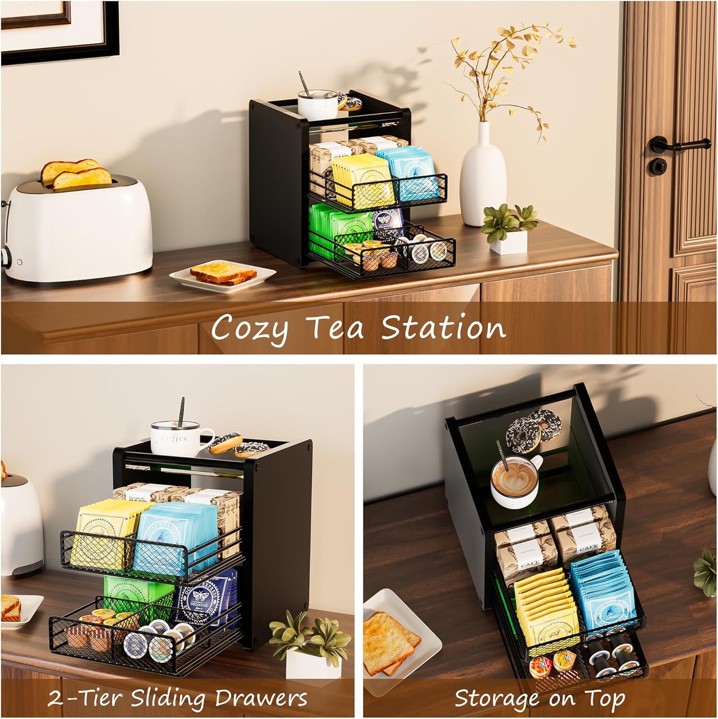 Tea Bag Organizer Box - Wooden Tea Bag Storage with 2 Drawers, Holder & Dispenser for Kitchen Countertop, Office, Tea Station (Black)
