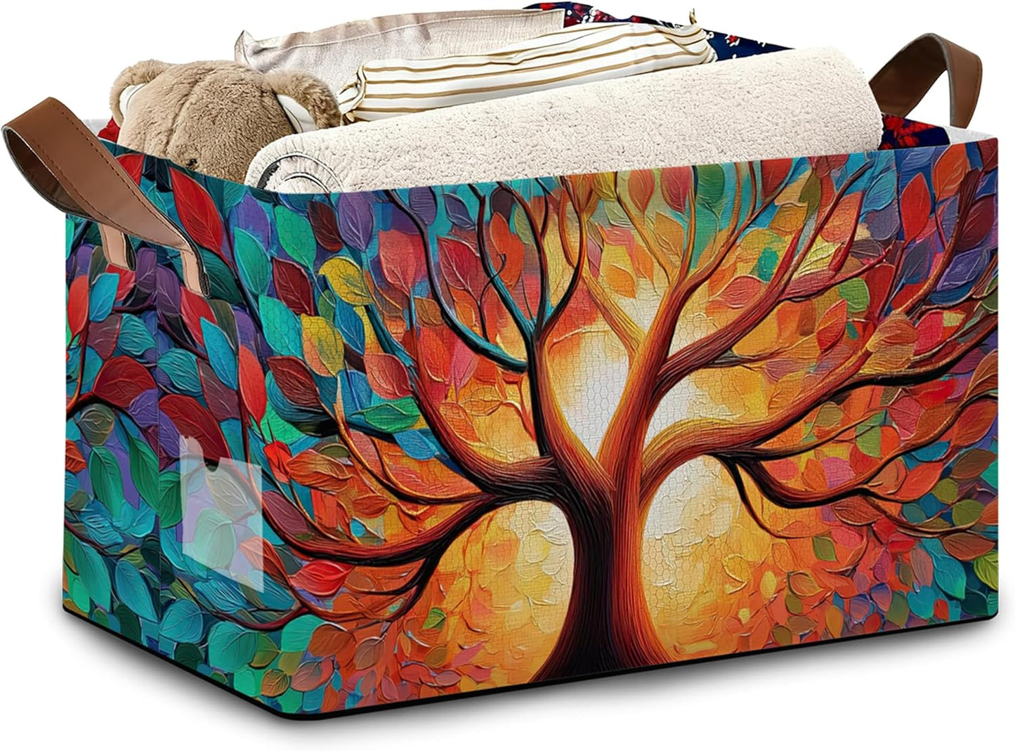 Tree of Life Storage Basket with Handles,Colorful Collapsible Rectangle Organizer Bin for Room Decoration Books Box Baskets 17x11.5x10Inch