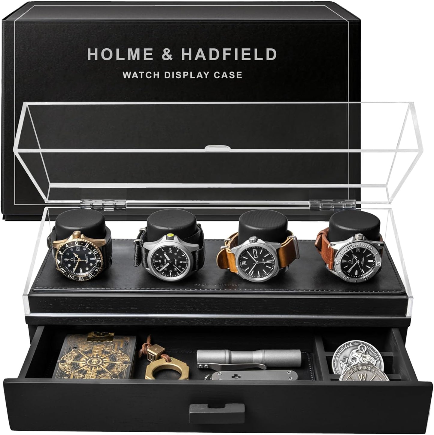 Holme & Hadfield Premium 4-Slot Wooden Watch Display Case – Handcrafted Men’s Watch Box with Accessory Drawer, Hinged Cover, Leather Lining–Christmas Gift for Collectors–Luxury Built to Last