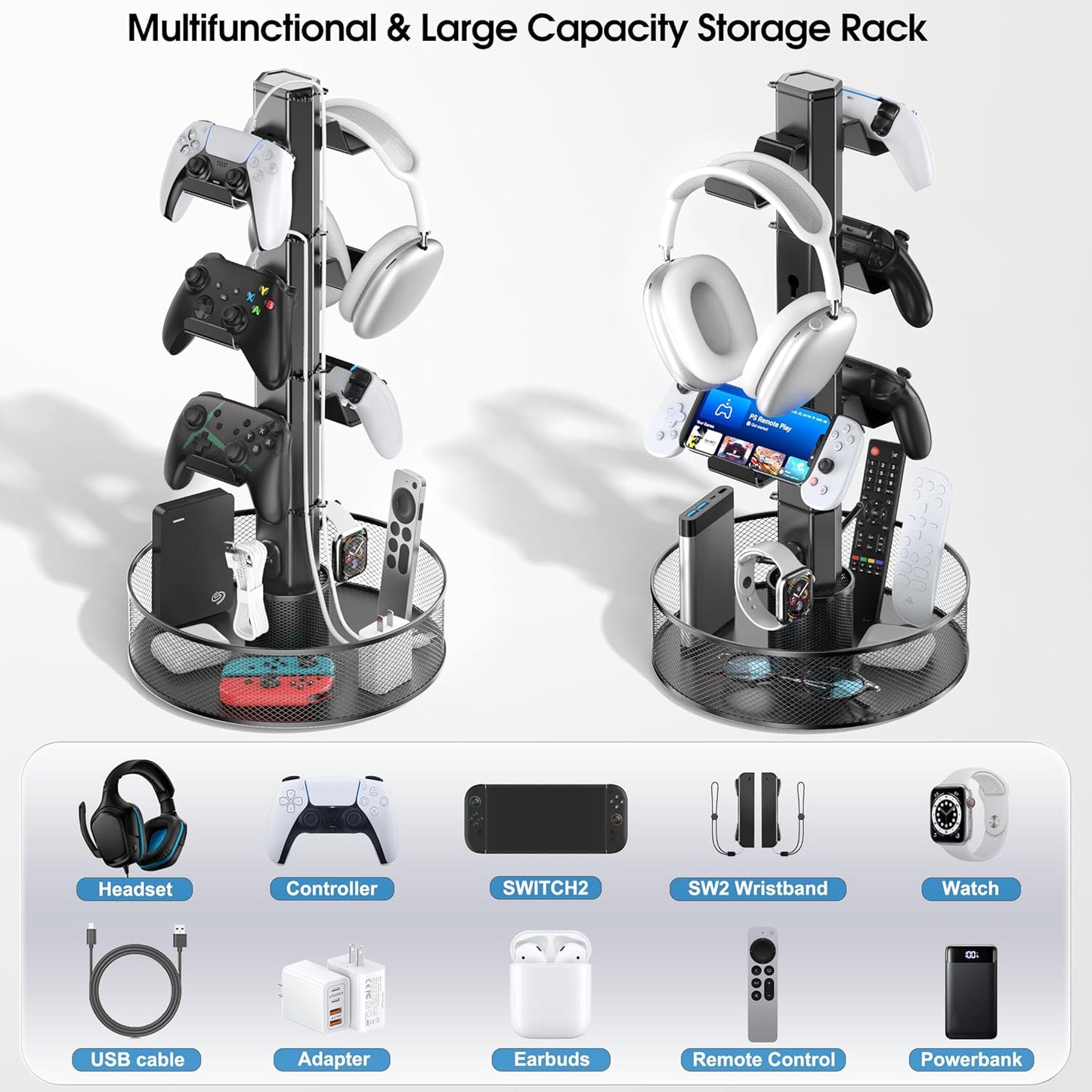 Rotatable Gaming Controller Holder with Basket for Desk, Controller Stand for PS5/PS4/Xbox/Switch/PC Accessories, Holder with Cable Organizer, 4 Tiers Black