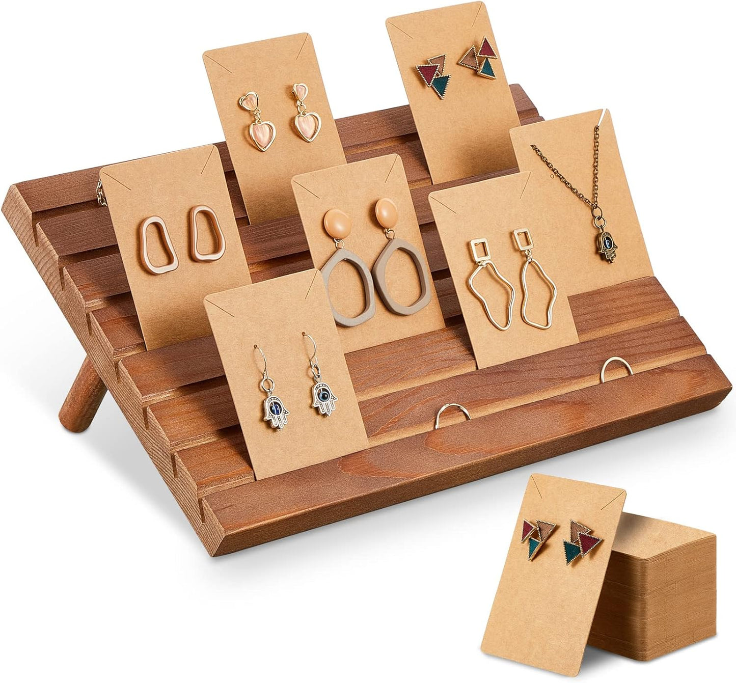 Blulu 31 Pack Wooden Earring Display Stand 7 Slots jewelry Display Holder with Earring Card for Selling Vendors Retail Show
