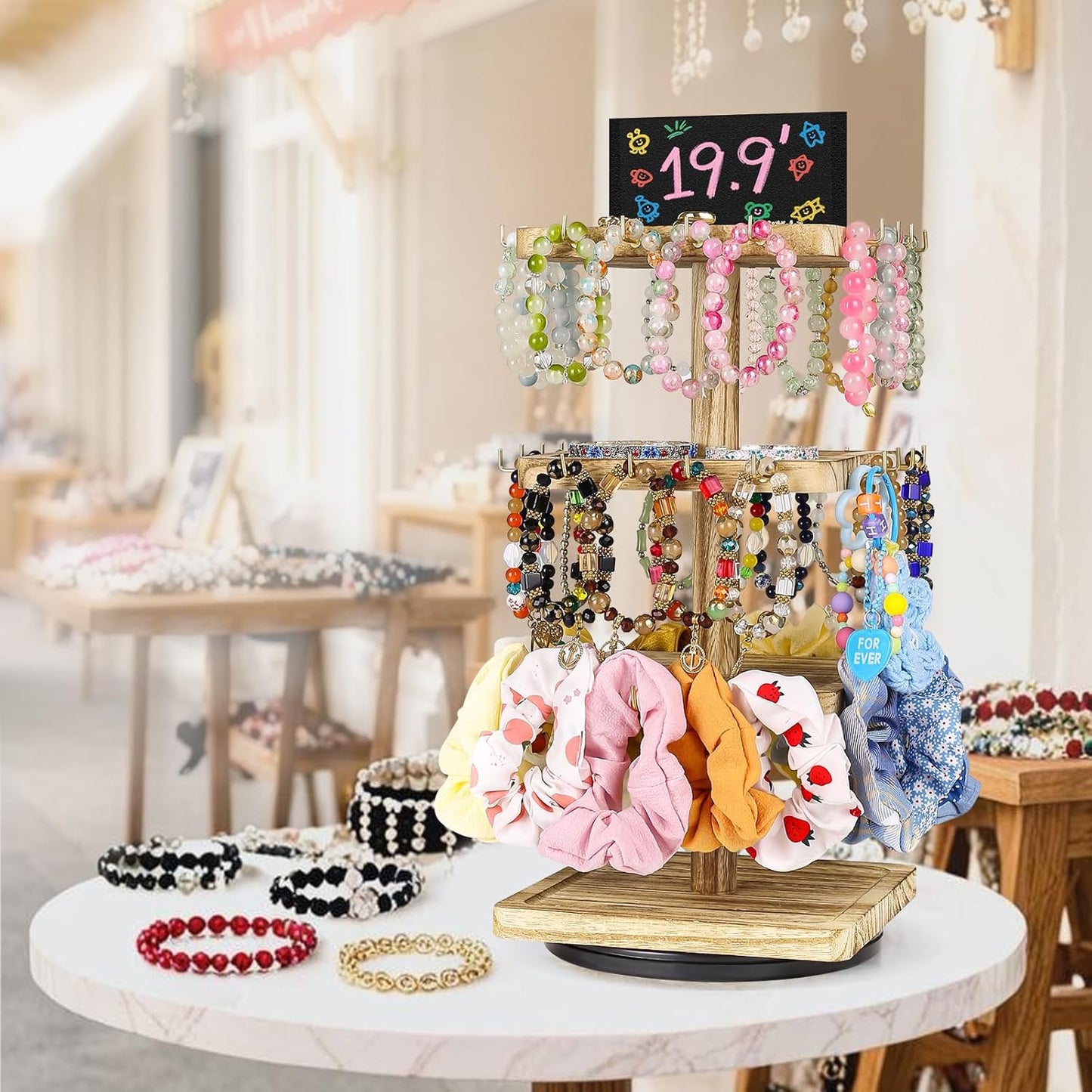 LadyRosian 3-Tier Wooden Rotating Jewelry Display Stand | Bracelet & Keychain Organizer with Advertising Board | 48 Hooks Rustic Holder for Vendor Booth & Stores (3-Tier Square Slot Display)
