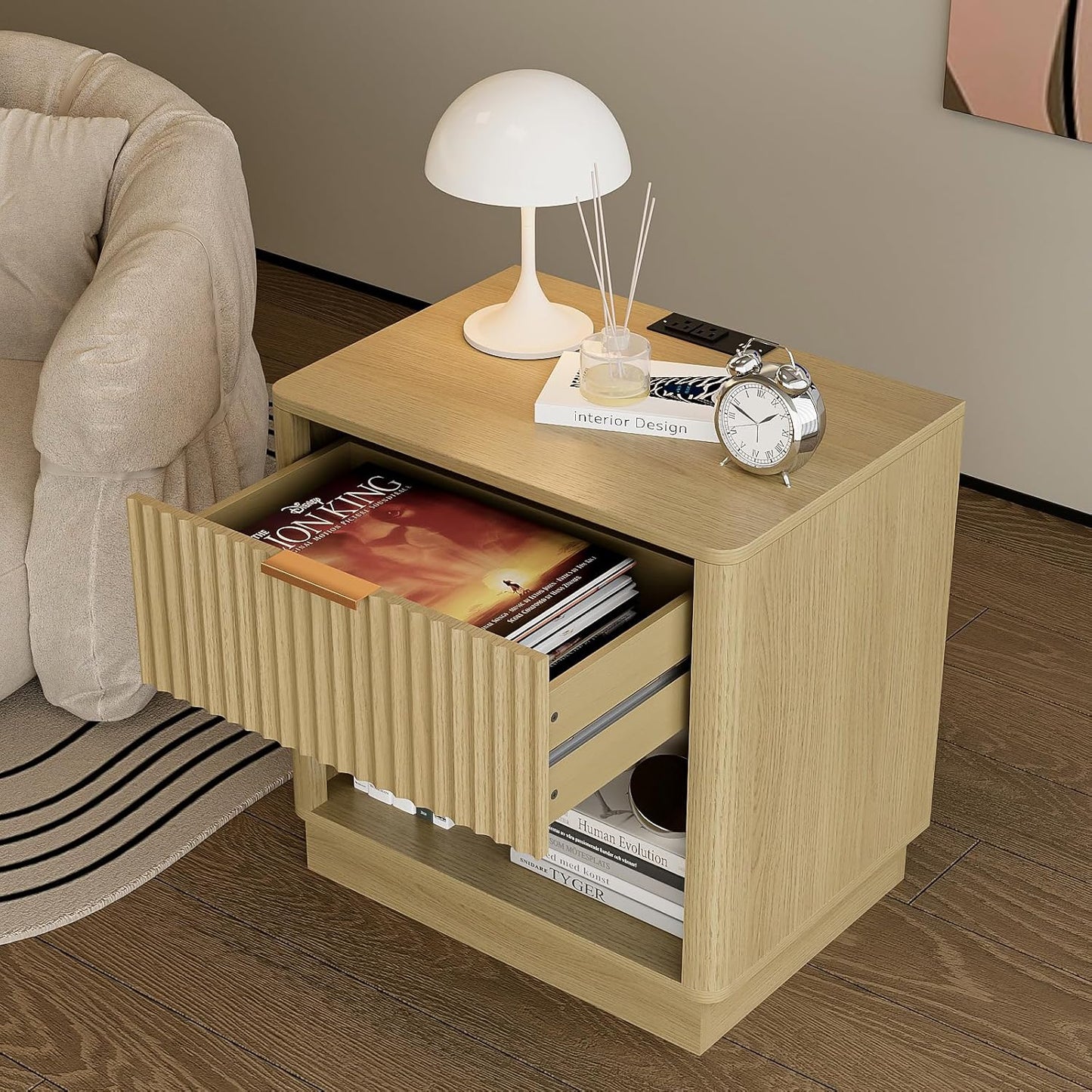 Fluted Nightstand with Charging Station Modern Bedside Table with Drawer and Open Shelf Mid Century End Table with Storage for Bedroom Living Room Sofa Office