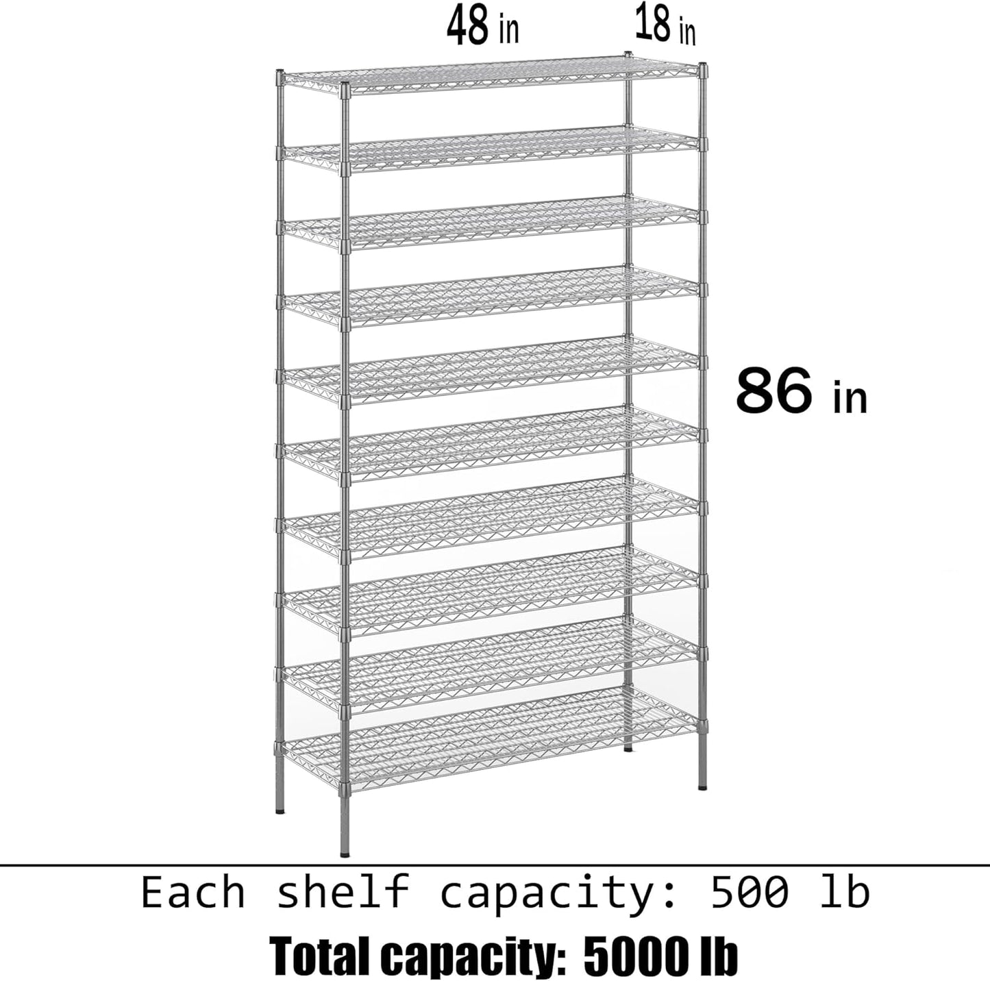 18" Deep x 48" Wide x 86" Height Wire Shelving Kit | 10-Tier | NSF Commercial Storage Rack Unit
