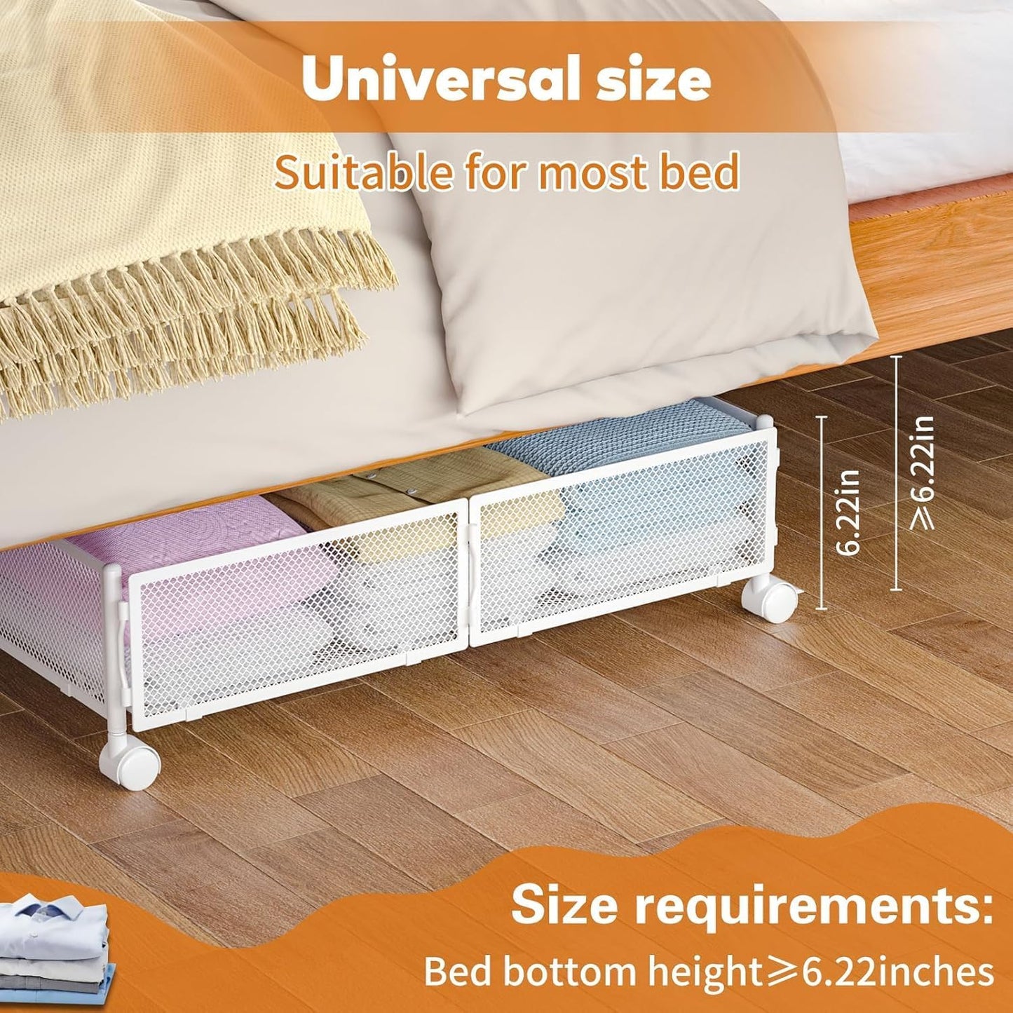 Under Bed Storage with Wheels, Rolling Under Bed Storage Bins for Shoes Clothes, Foldable and Easy Mobility (2 Pack, White)