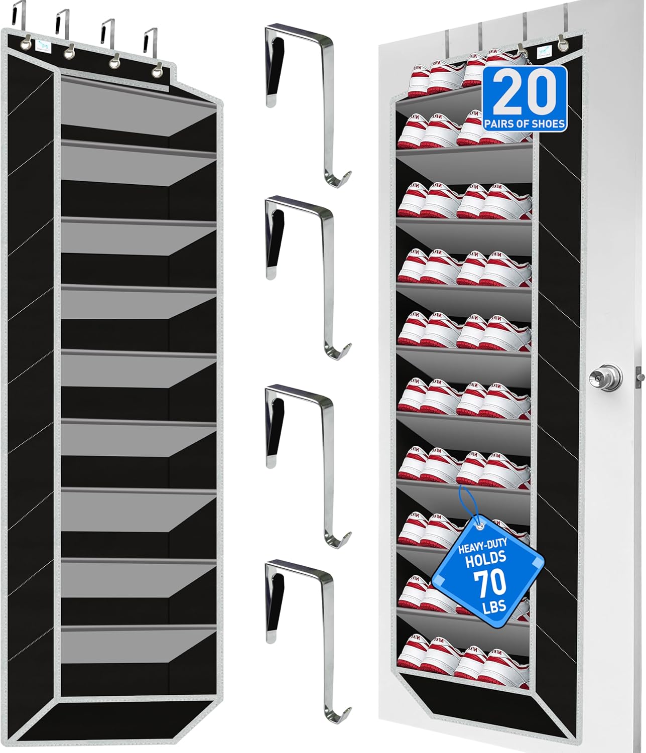 Heavy-Duty, Over The Door Shoe Organizer, Extra Large 10 Tiers, Over Door Shoe Organizer, Coated Hooks Grip Firmly Without Scratching Paint,75LB, Door Shoe Rack,Grey