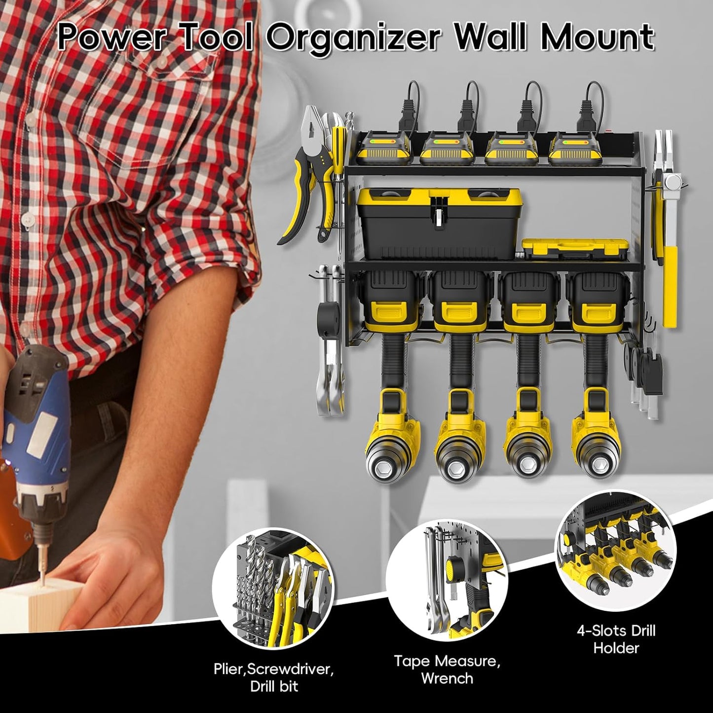 Power Tool Organizer Wall Mount with Charging Station, Drill Holder, Adjustable Layers, Heavy Duty Garage Tool Organizer Storage with 8 Outlet Power Strip, Christmas Gifts for Men, Dad, Husband