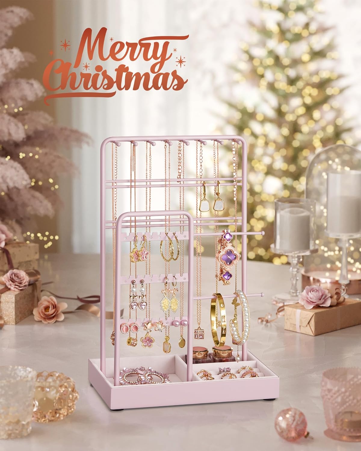 SONGMICS Jewelry Holder, Jewelry Organizer, Jewelry Display Stand with Metal Frame, Velvet Tray, Necklace Earring Bracelet Holder, for Studs, Rings, Christmas Gift, Jelly Pink UJJS021R01