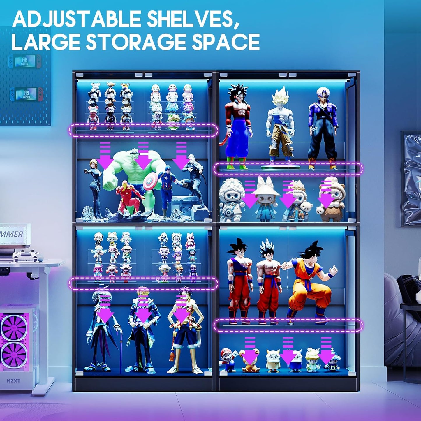 AMERLIFE RGB Display Cabinet with Adjustable Glass Shelves, 4-Tier Storage Case with LED Lights & Press-to-Open Doors, Modern Display Shelf for Collectibles, Black 70" H×32" L×16" D