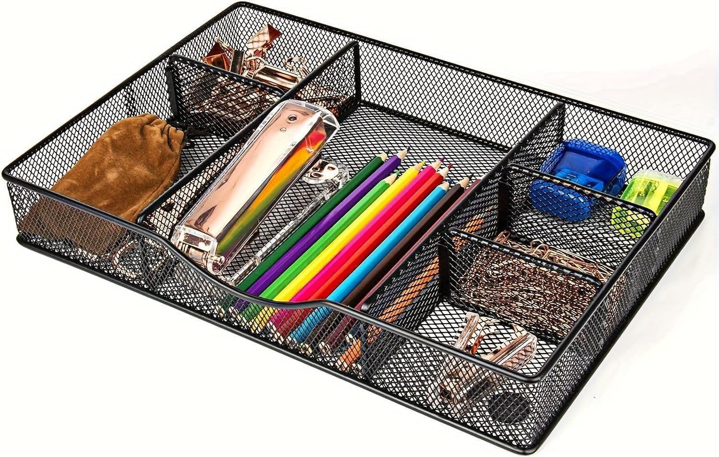 Desk Drawer Organizer Tray, Metal Mesh Drawer Organizers Office, 6 Adjustable Compartment, Desk Organizer Tray for Home Office 12.87L x 8.73D x 1.96H inch, Black, 1PC Medium