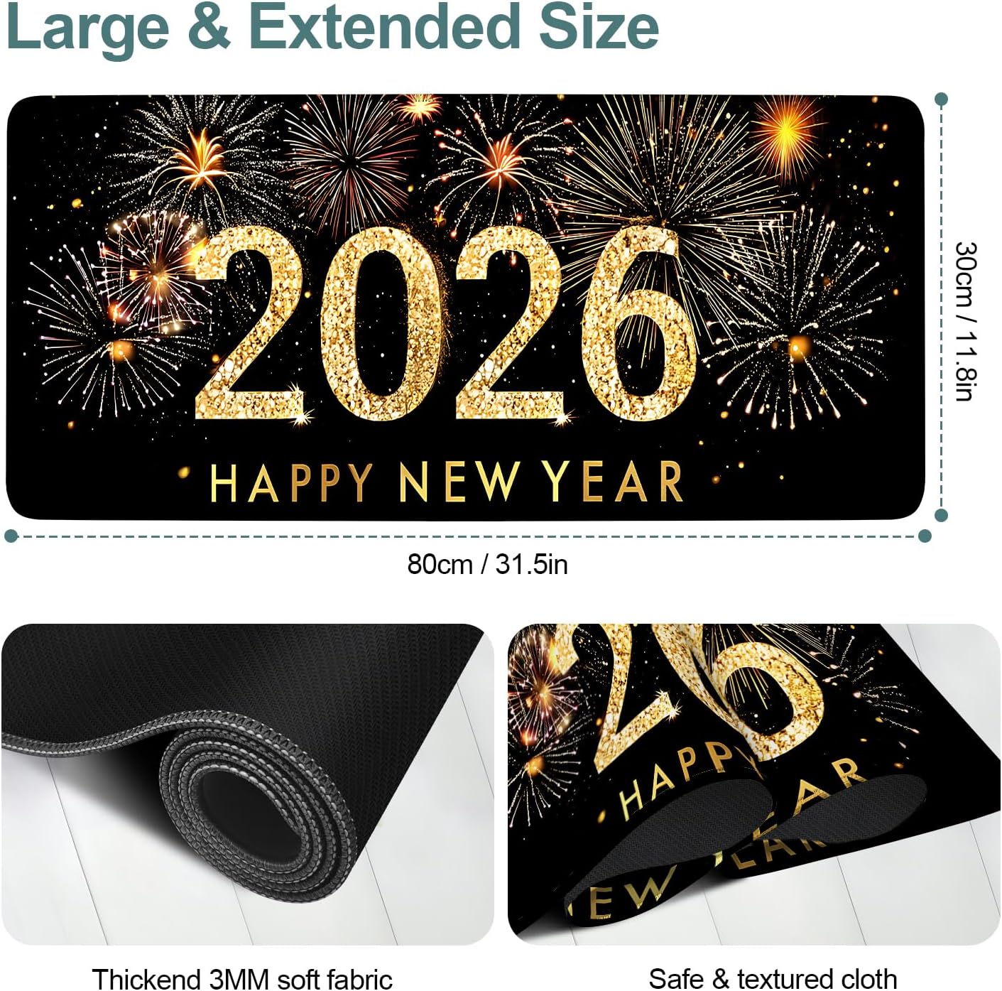 2026 Happy New Year Gaming Mouse Pad 31.5"x11.8"Desk Mat Anti-Slip Rubber Base & Durable Stitched Edges for Gamers Smooth Mouse Writing Surface for Desk Office/Home