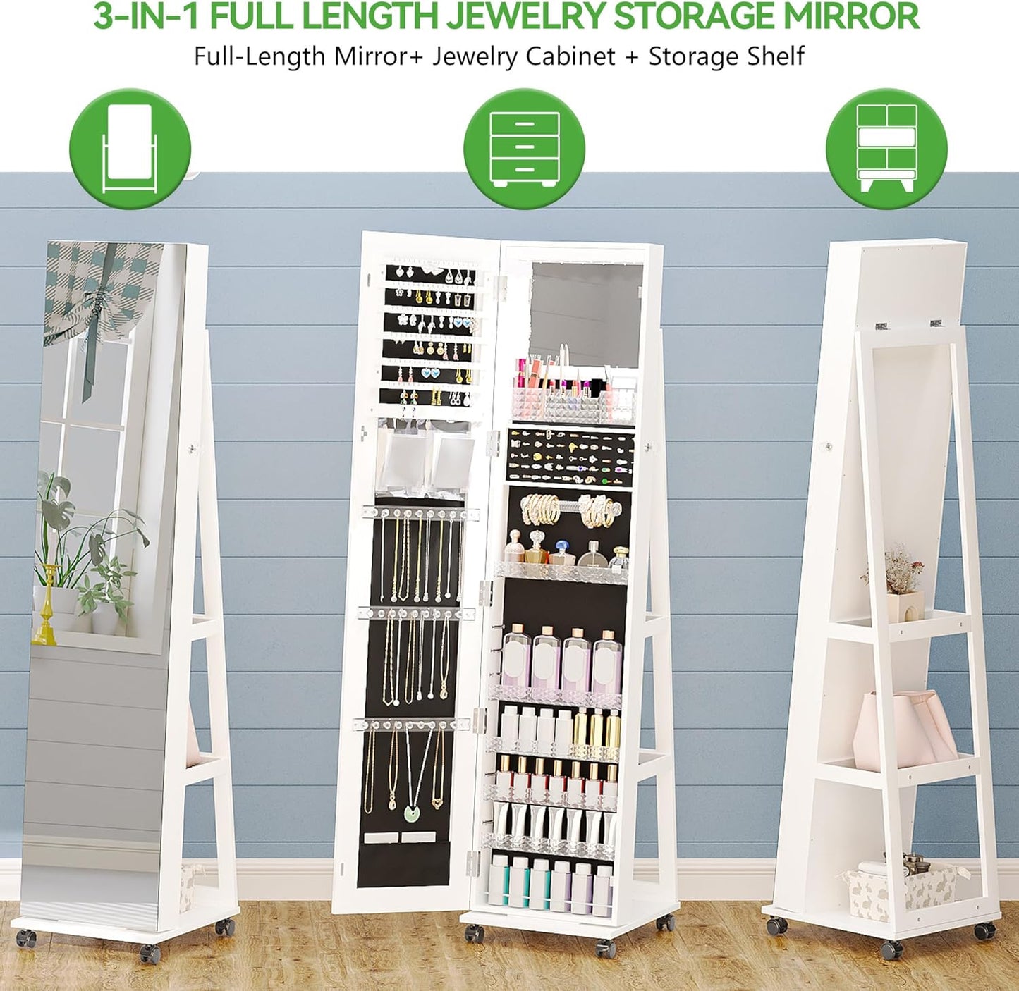 HNEBC 360° Swivel Mirrored Jewelry Armoire with 6 LEDS, Full Length Mirror with Jewelry Storage, Lockable Floor Standing Mirror with 4 Lockable Wheels for Cloakroom, Bedroom(White)