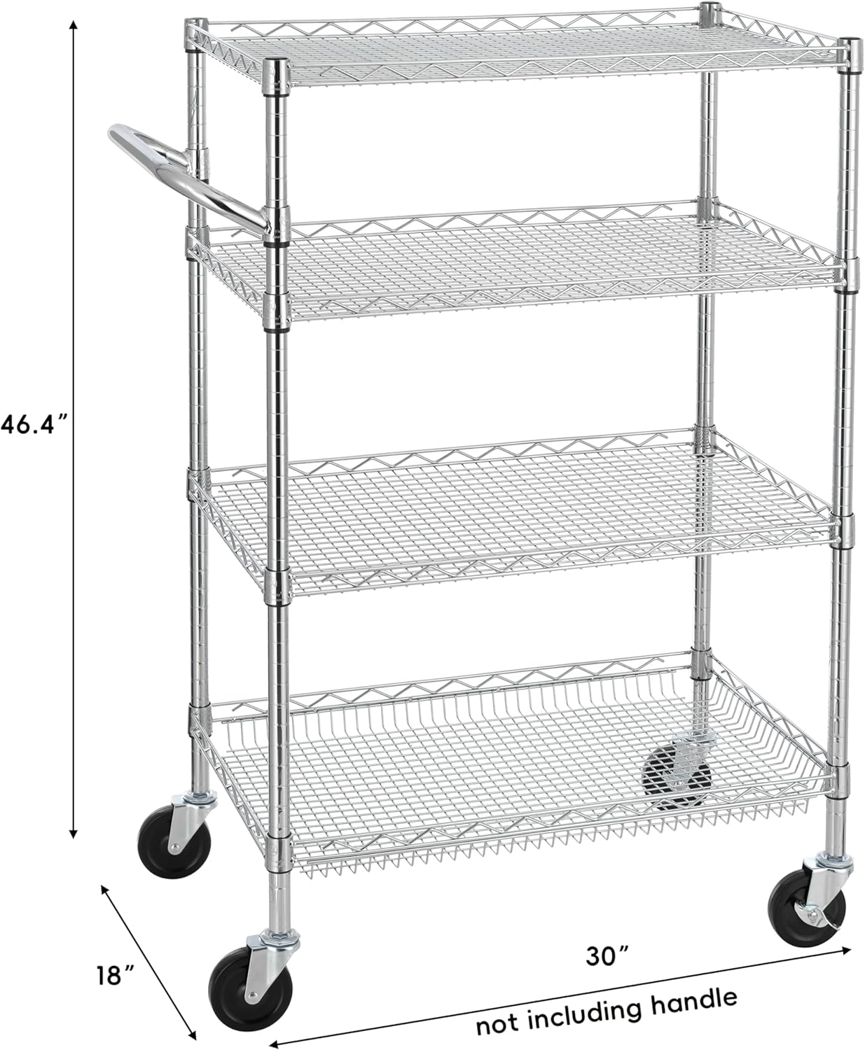 Finnhomy 4 Tier Heavy Duty Commercial Grade Rolling Cart with Handle Bar, Metal Wire Utility Cart with Wheels, Service Trolley on Wheels, Shelf Size 18" D x 30" W, NSF Listed, Chrome