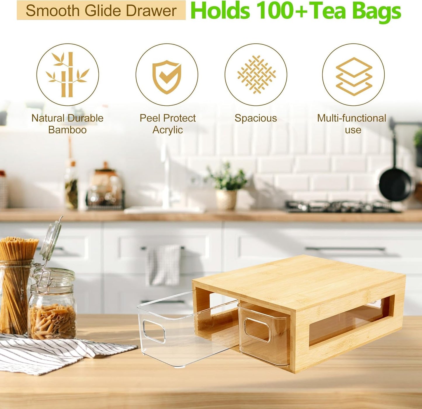 Tea Bag Organizer, Bamboo and Acrylic Drawer Tea Bag Holder Wood Tea Bag Storage for Drawers with 2 Roomy Compartments for Kitchen Living Room