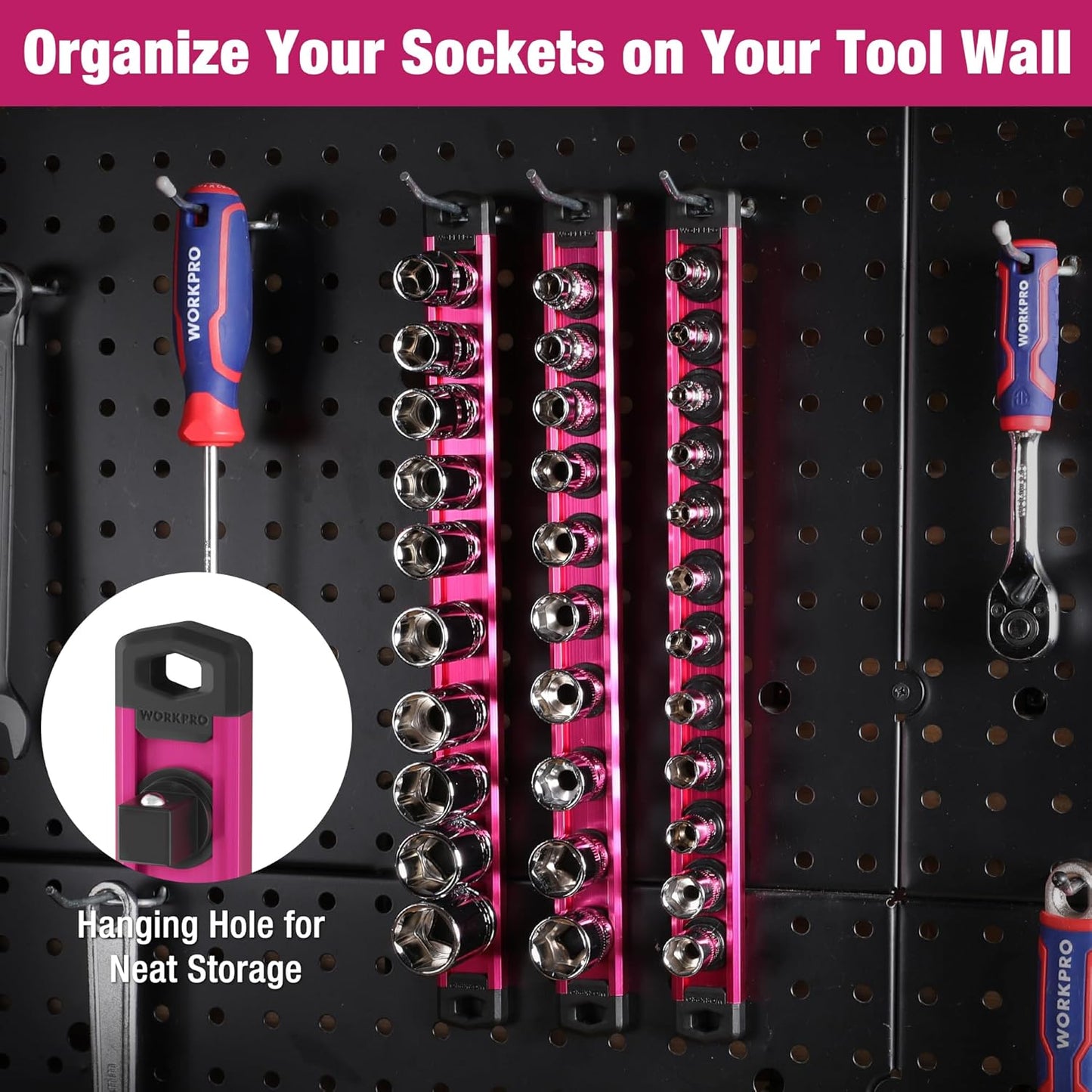 WORKPRO Magnetic Socket Organizer, 1/2-Inch Drive Aluminum Alloy Socket Rail, Heavy Duty Socket Holder, Socket Rack Kit 1/2-Inch x 10 Clips Rose Red(Socket not Included)