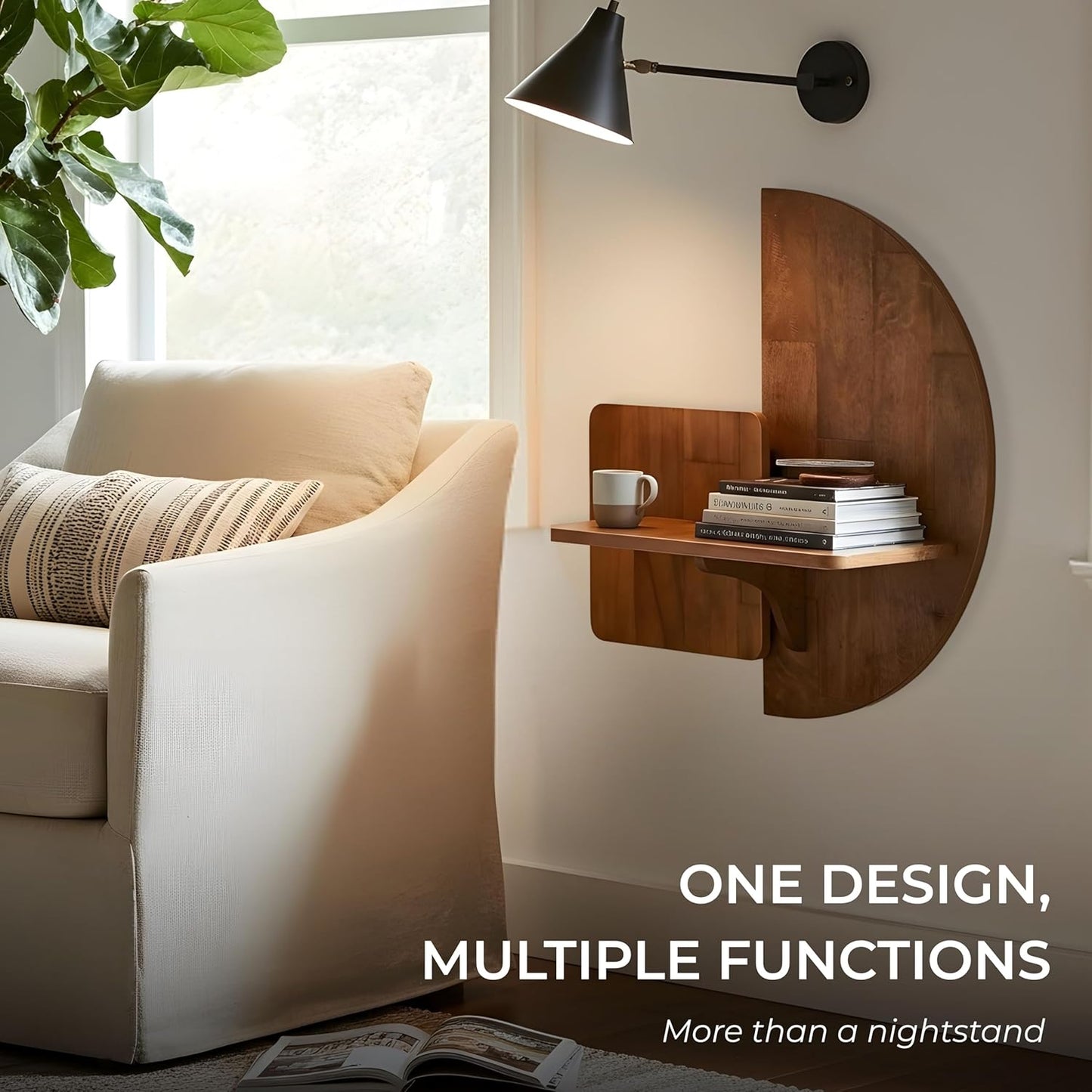 Behomes Soluna Solid Wood Floating Nightstand, Wall Mounted Nightstand, Floating Bedside Table for Bedroom and Living Room, Modern Rustic Wood Night Stand, Small Floating Shelf Accent, Walnut