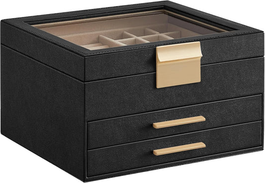 SONGMICS Jewelry Box Organizer with Glass Lid, 3-Layer Jewelry Storage, with 2 Drawers, Modern Style, Christmas Gift, 8 x 9.1 x 5.3 Inches, Graphite Black and Gold Color UJBC239B03