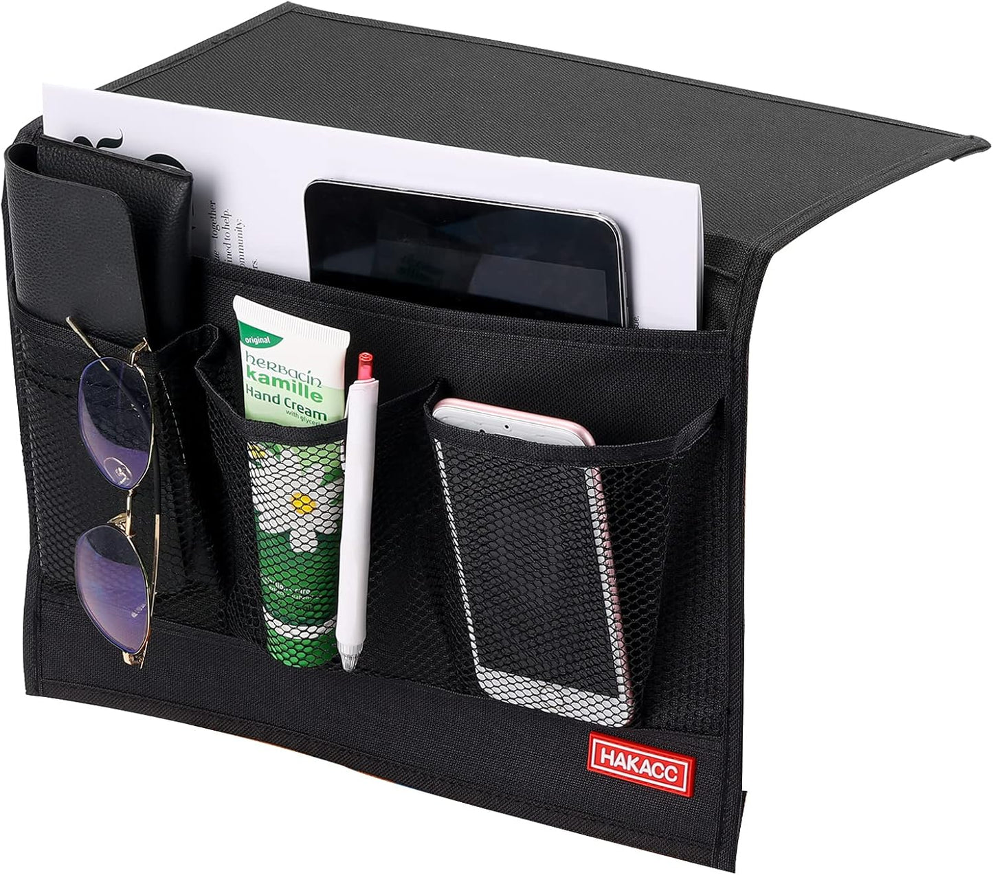 HAKACC Bedside Storage Organizer with Pockets，Bedside Caddy,Remote Control Holder Armchair Couch Caddy Sofa Armrest Bag，bed accessories,Black