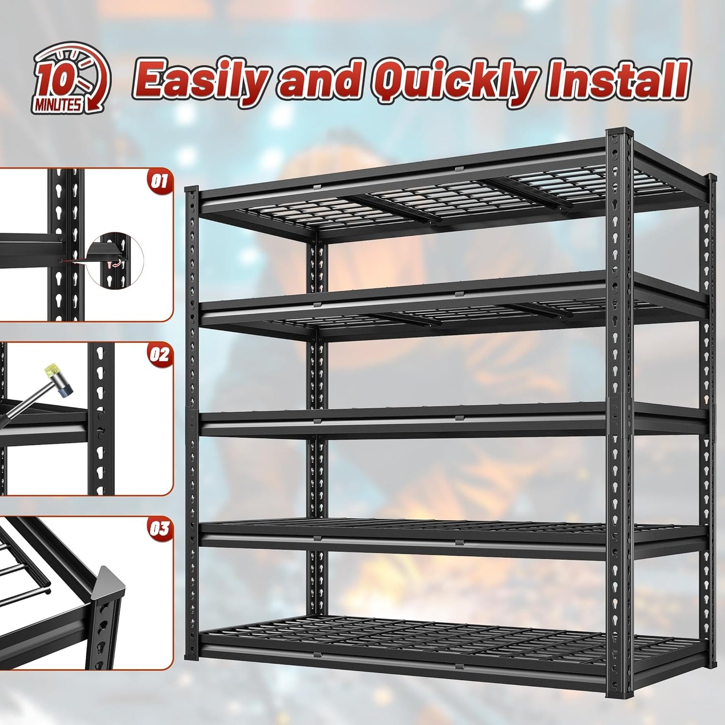 REIBII 3050LBS Garage Shelving Storage Shelves Heavy Duty 5-Tier Adjustable Matel Shelving Easy Assembly Storage Shelf for Garage Basement Warehouse Pantry, 48.2" W X 24.1" D X 72.2" H
