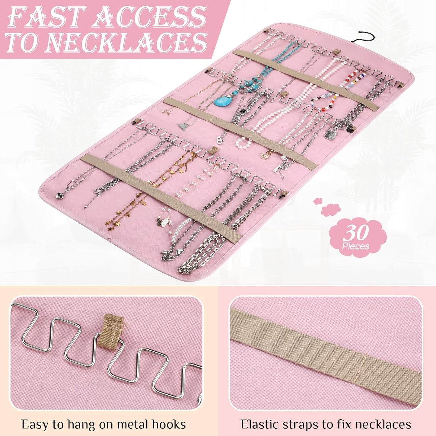 2 Pack Hanging Jewelry Organizer Storage with 39 Pockets, 30 Necklace Hooks Double Sided Wall Mount Earring Holder Organizer Bracelet Necklace Jewelry Display Hanger for Closet Door(Pink)
