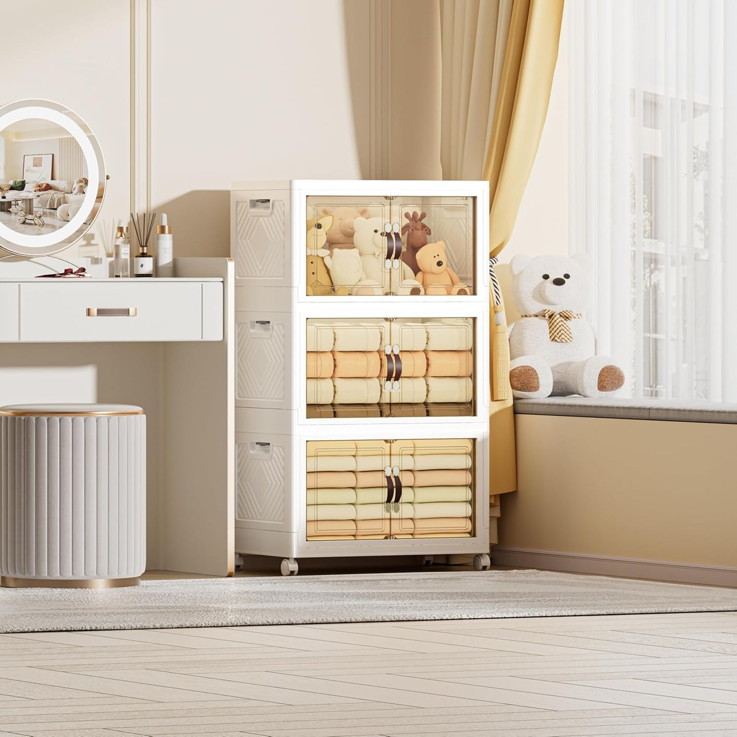 200 QT / 50 Gal Extra Wide Foldable Plastic Cabinet with Double Magnetic Doors & Leather Handles - Stackable, 4 Locking Wheels, Space Saving Storage for Small Spaces