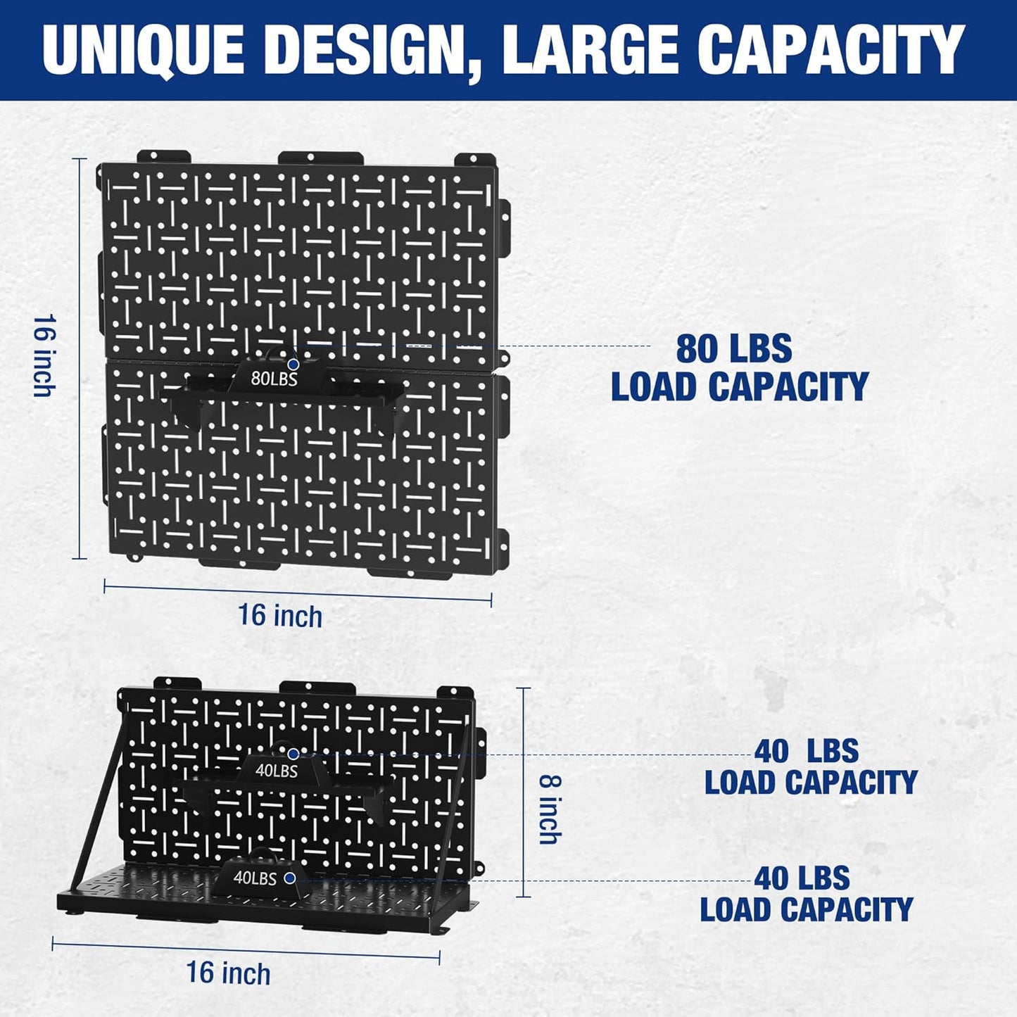 WORKPRO 16”x 16” Metal Peg Board, Foldable Black Pegboard for Wall Organization, Steel Panel with Round Holes & Vertical Slots, Ideal Tool Organizer in Office and Craft Room, 2 Pack