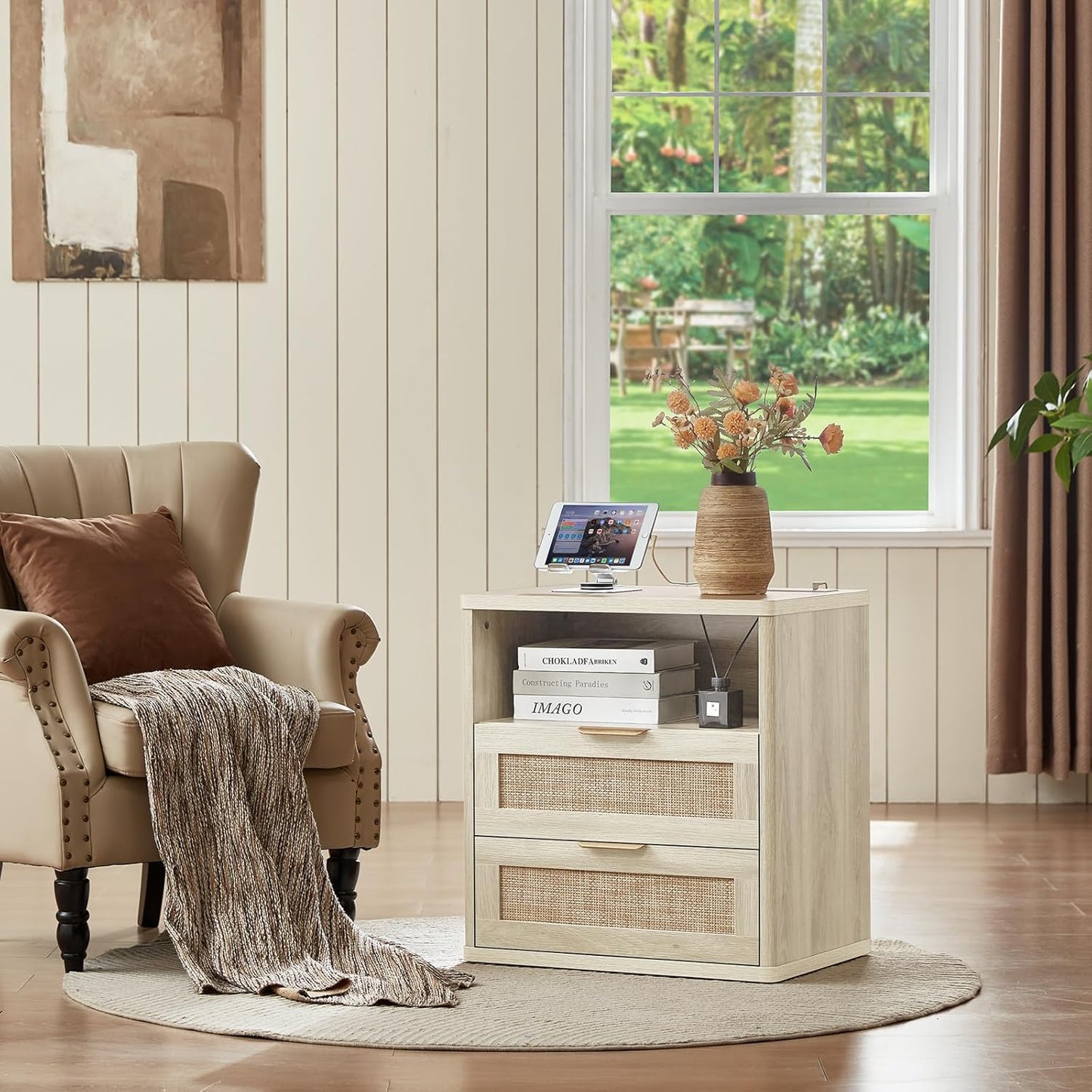 LEYAOYAO Rattan Nightstands with Charger Station, 23" Wide Boho Night Stand with 2 Drawers, Grey White Bedside Table Open Shlef, Bed Side End Table Dresser for Bedroom, Living Room Hallway