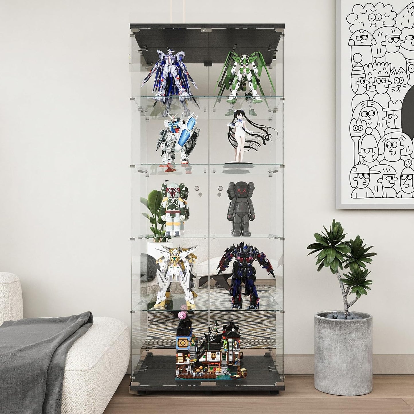 Beauty4U Glass Display Cabinet with Mirror Back Panel, 5 Shelves with 2 Doors, Curio Cabinets for Living Room, Bedroom, Office, Black Floor Standing Glass Bookshelf, Quick Installation