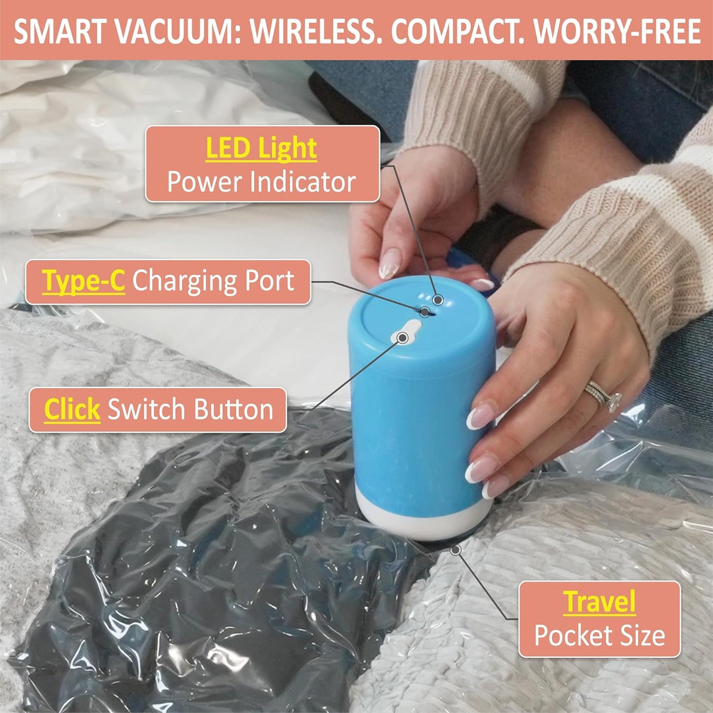 16 Pack Travel Vacuum Storage Bags with Rechargeable Wireless Electric Pump for Luggage, Suitcase, Carry-on Size Vacuum Seal Compression Space Saver Bags for Clothes and Clothing Travel