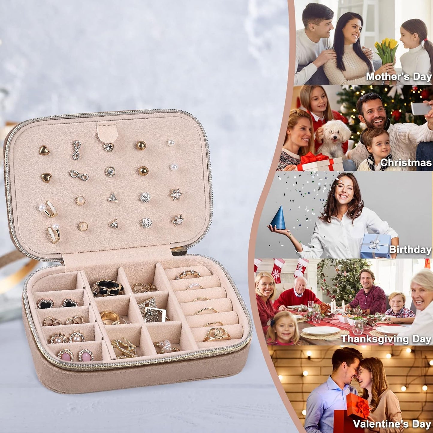 Dajasan Velvet Travel Jewelry Case, Mini Portable Travel Jewelry Organizer Boxes, Jewelry Gift Box for Birthday Mother's Day Valentine's Day Christmas (Khaki)