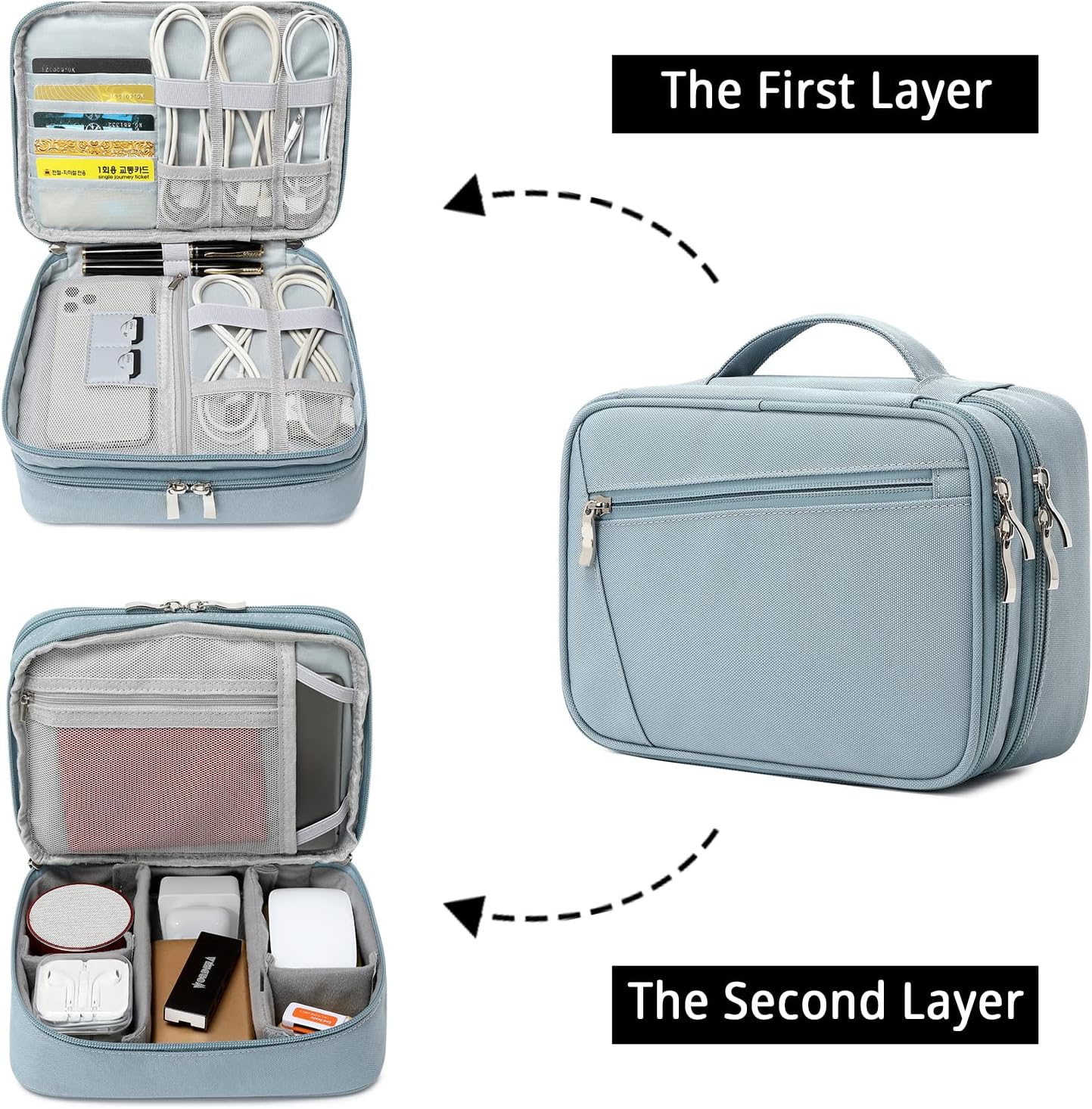 mygreen Electronics Travel Organizer, Watreproof Electronic Accessories Case Portable Double Layer Cable Storage Bag for Cord, Charger, Flash Drive, Phone, Ipad Mini, SD Card, Gifts for Him Grey