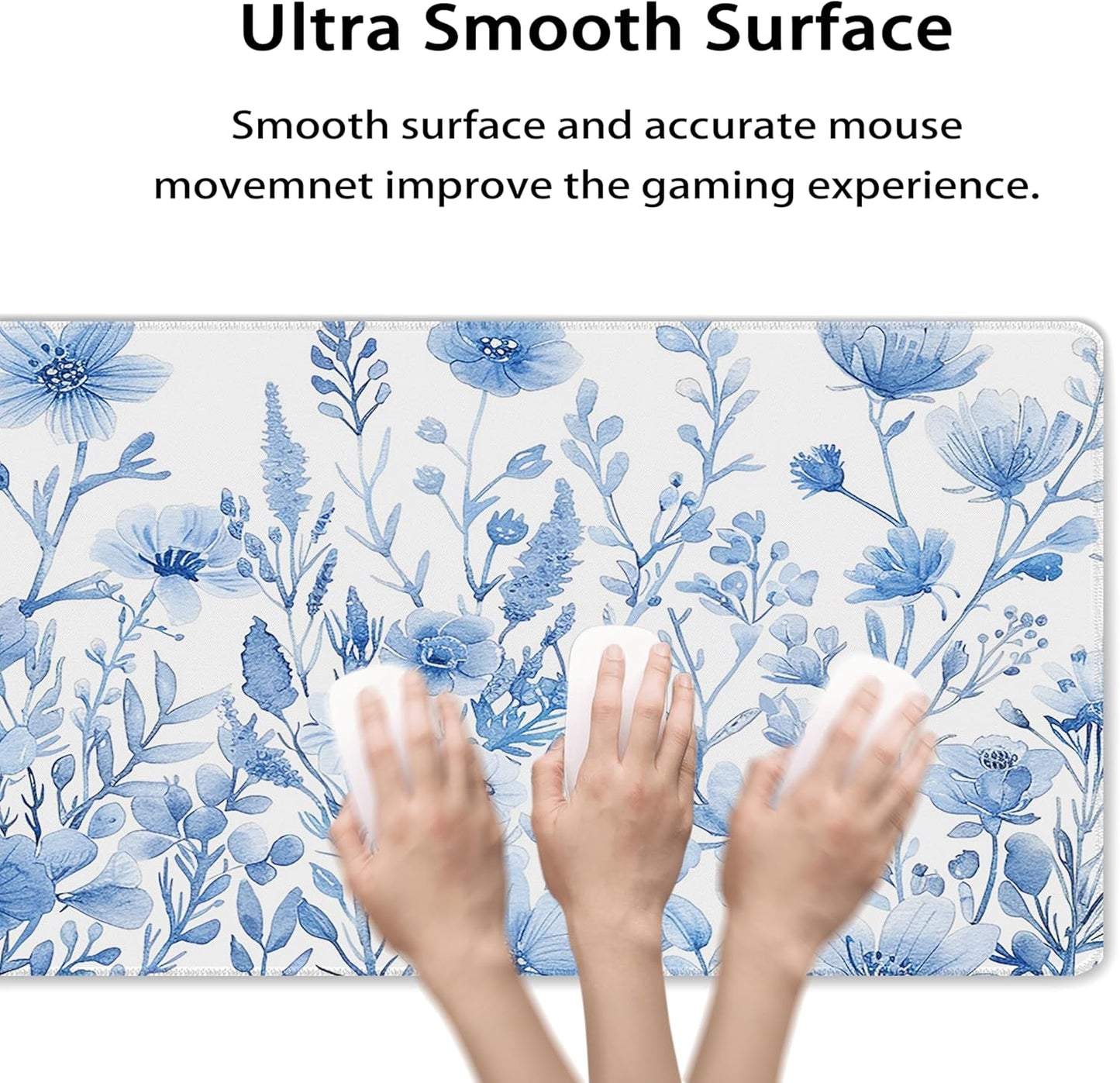 31.5”x11.8”Large Gaming Mouse Pad for Desk, Mouse Mat with Seamed Edges, Waterproof Desk Pad, Non-Slip Rubber Base, Keyboard Pad Computer Mat, Big XL Mousepad- Blue and White Flower