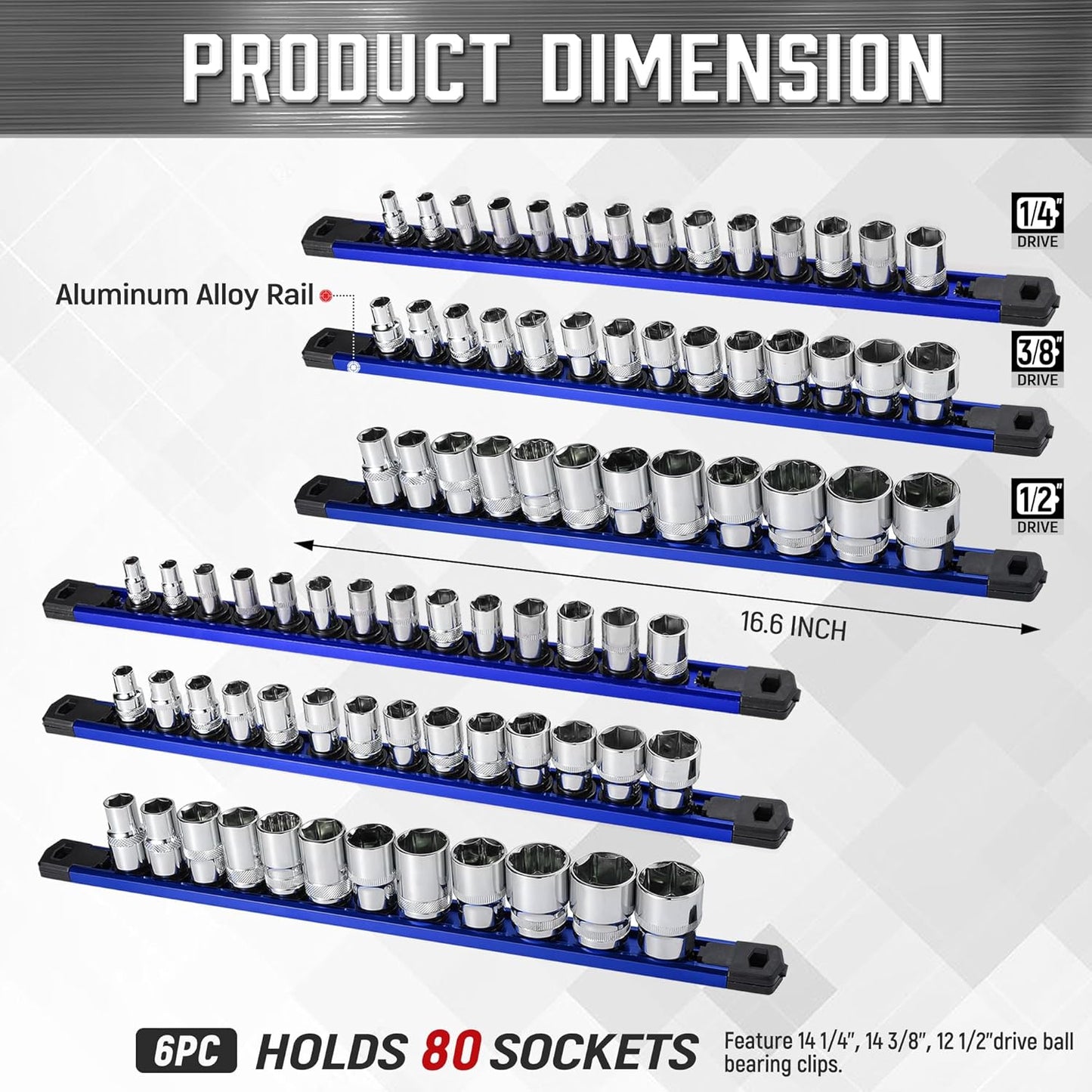 ALOANES 6-Piece Magnetic Rail Organizer, Heavy Duty Aluminum Rails, 360 Swivel Clips Socket Holder Kit for Tool Box, 1/2, 3/8, 1/4-Inch Socket Holder x 80 Clips (Blue)