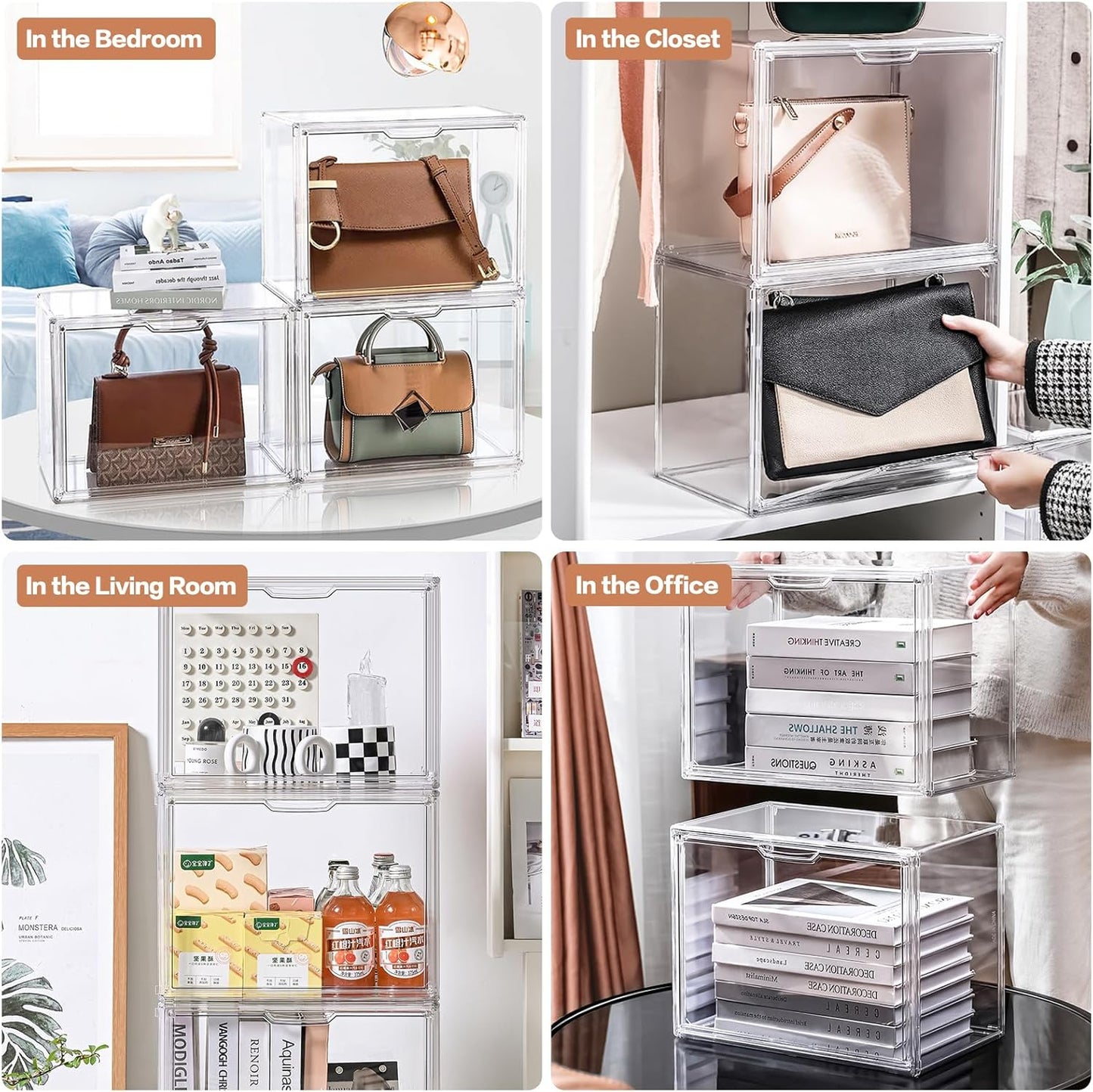 3 Packs Clear Handbag Storage Organizer for Closet, Acrylic Display Case for Purse Handbag, Stackable Purse Organizer Storage Box with Magnetic Lids for Wallet Book Collectibles