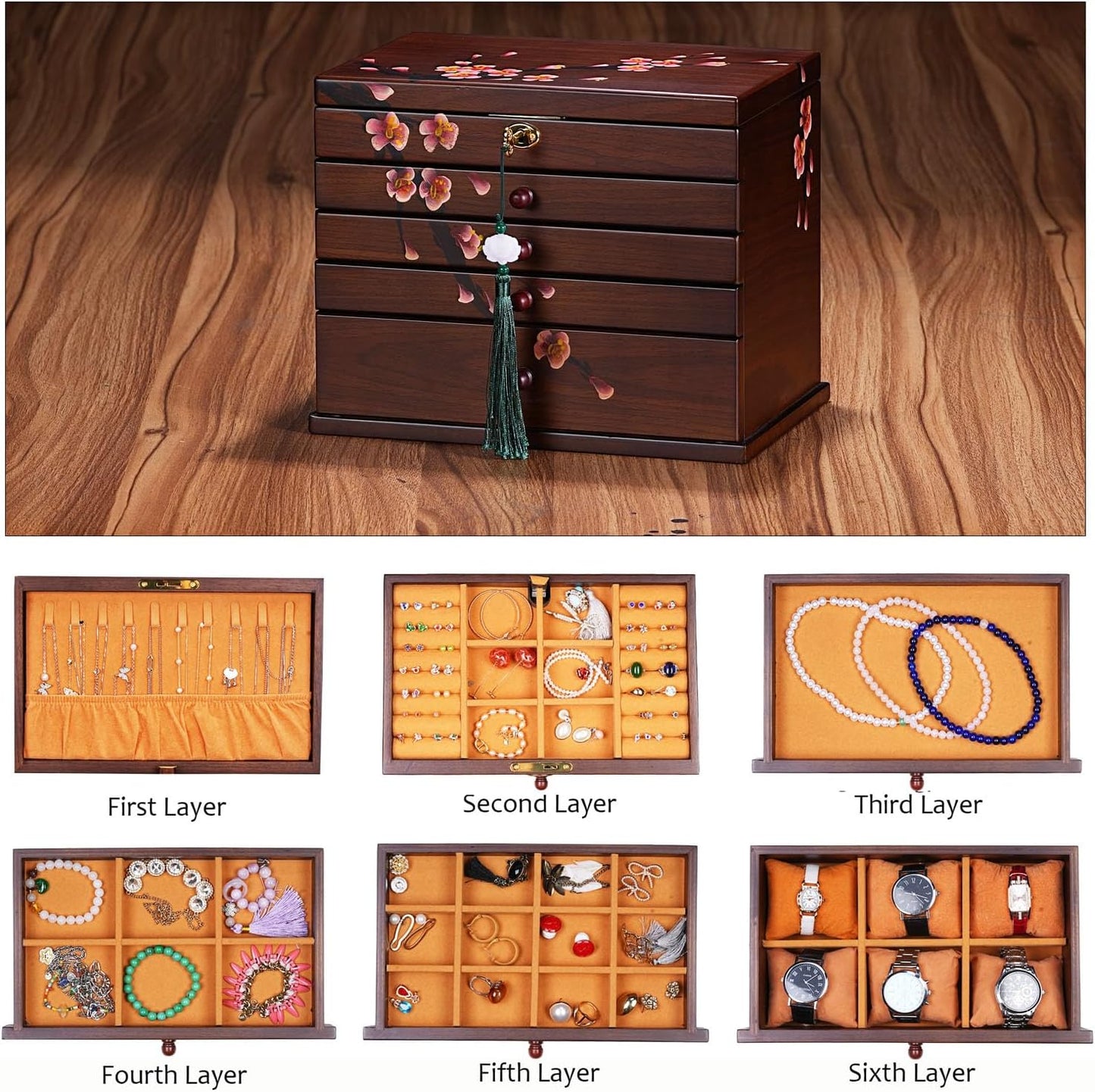 Vintage Wooden Jewelry Boxes with Lock & Key - Hand-Painted Large Jewelry Organizer, 6-Layer jewelry organizers and storage, Rustic Tabletop Jewelry Storage Box for Women/Men