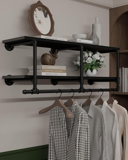 Wall Mounted Clothes Rack 12 Inch Deep, 42in Heavy Duty Garment Rack with Real Black Wood Shelf, Multi-Purpose Hanging Rod & Space-Saving Closet Storage Organizer